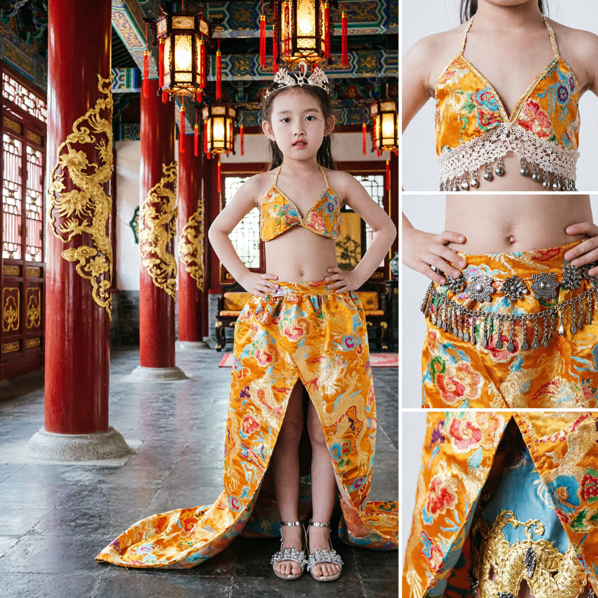 Dziecięcy Tradycyjny Chiński Kostium Taneczny Żółta Brokatowa Bluzka na Ramiączkach z Rozciętą Spódnicą do Występów Scenicznych - Asian Costume