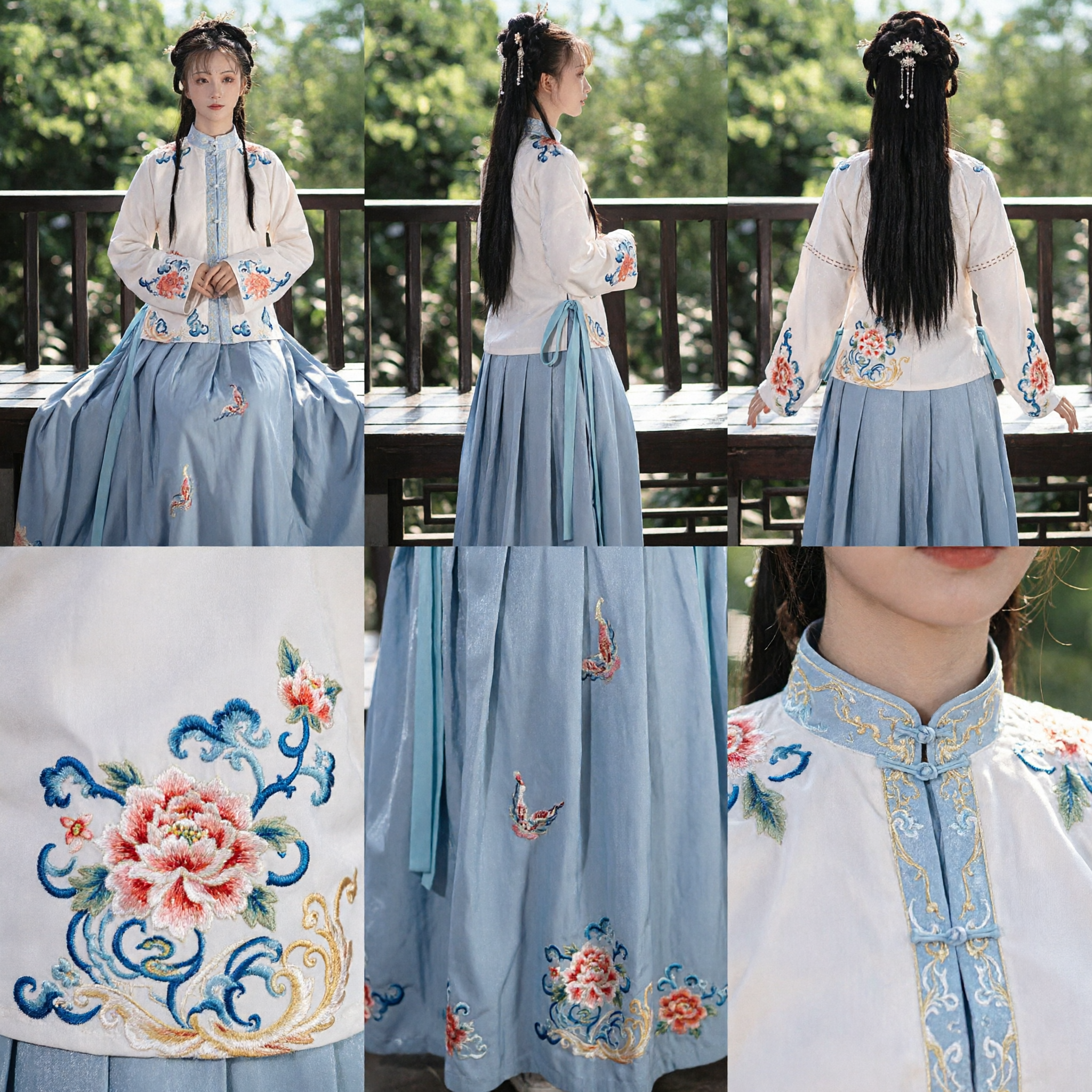 Hanfu traditionnel chinois style dynastie Ming - Ensemble brodé comprenant un haut Ao et une jupe plissée bleue pour femmes - Asian Costume