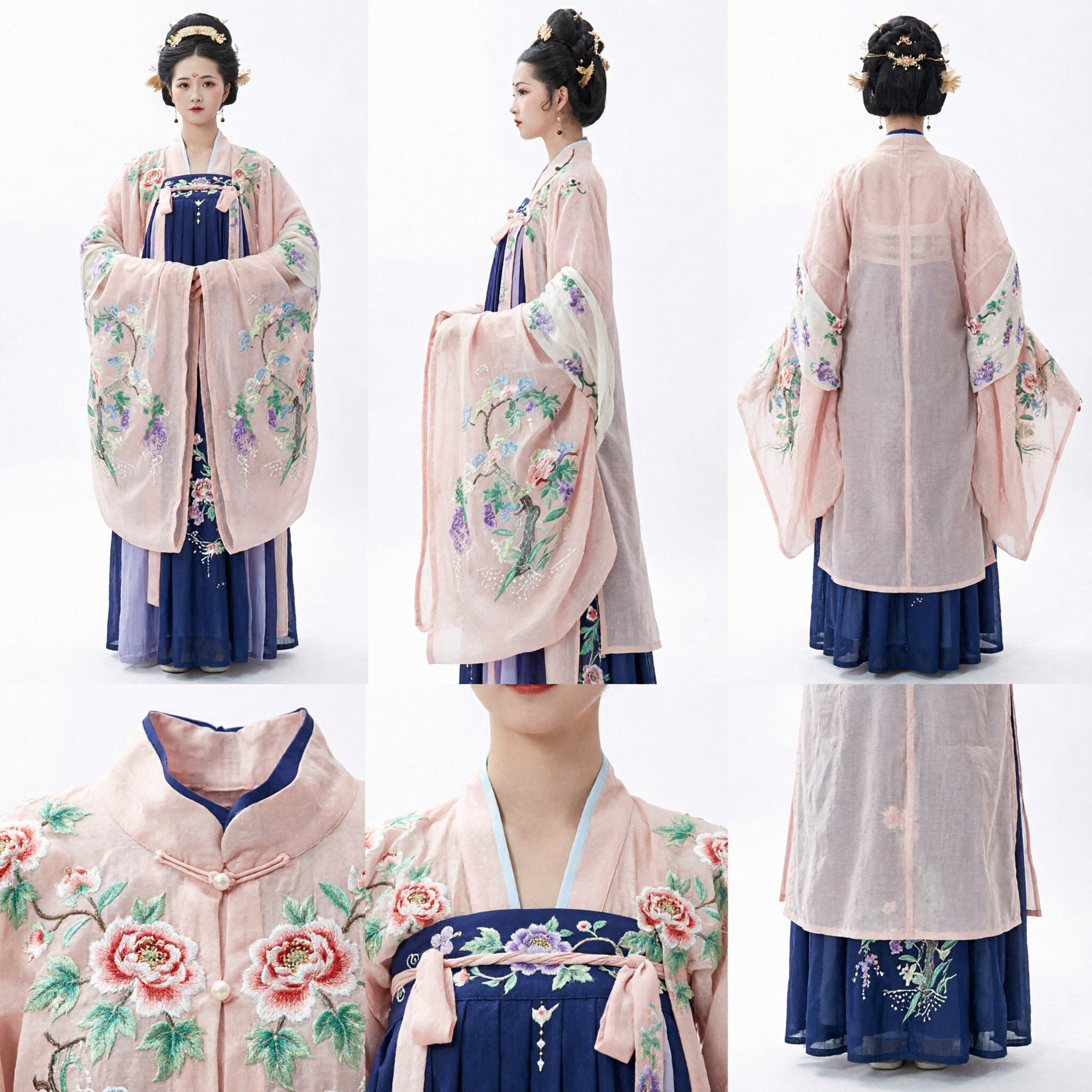 Traje Hanfu da Dinastia Tang Tradicional Top Rosa com Bordado Floral e Saia Azul Vestido de Princesa da China Antiga para Mulheres - Asian Costume