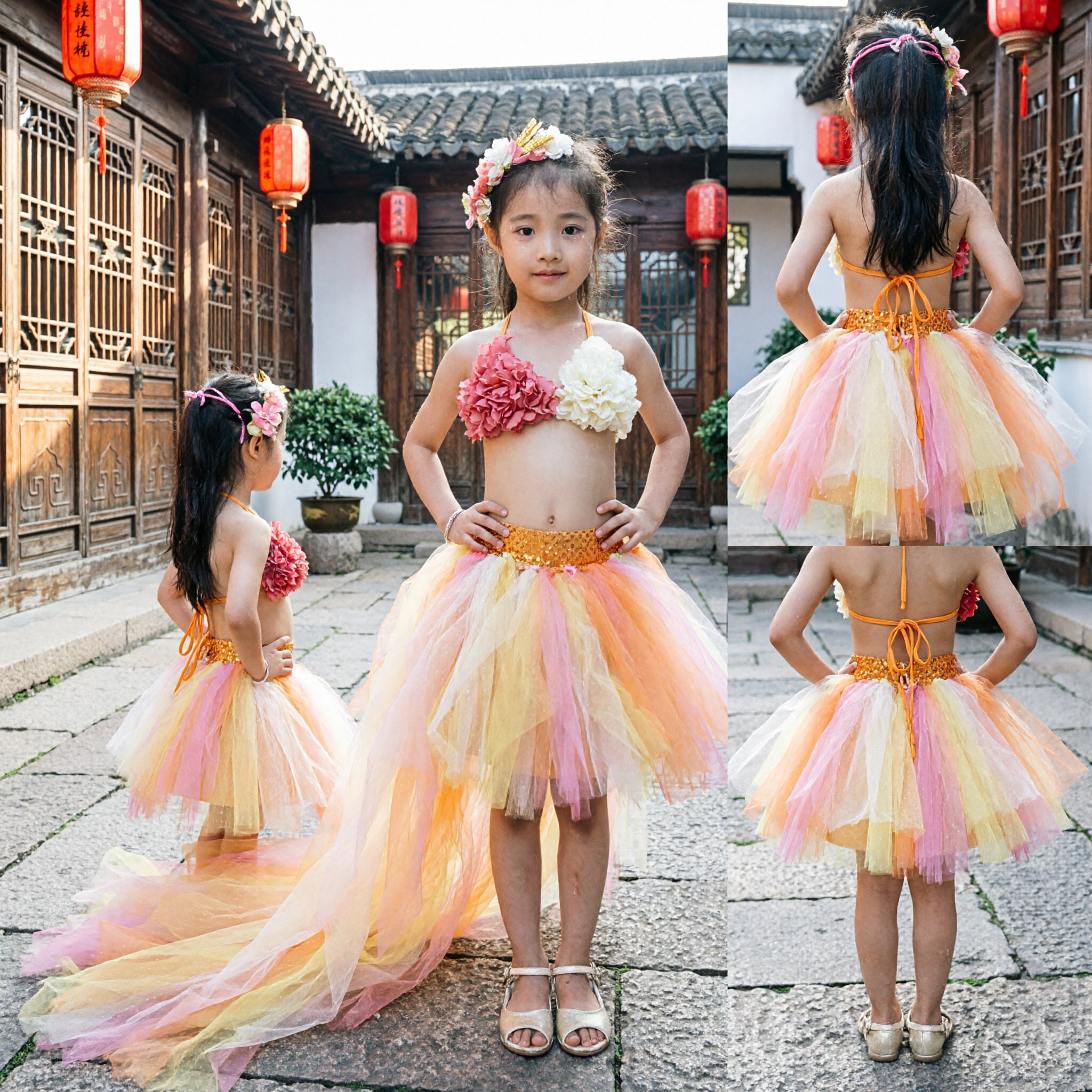 Kids Girls Flower Fairy Stage Performance Costume Long Tulle Skirt Dress for Dance Hostess - Asian Costume