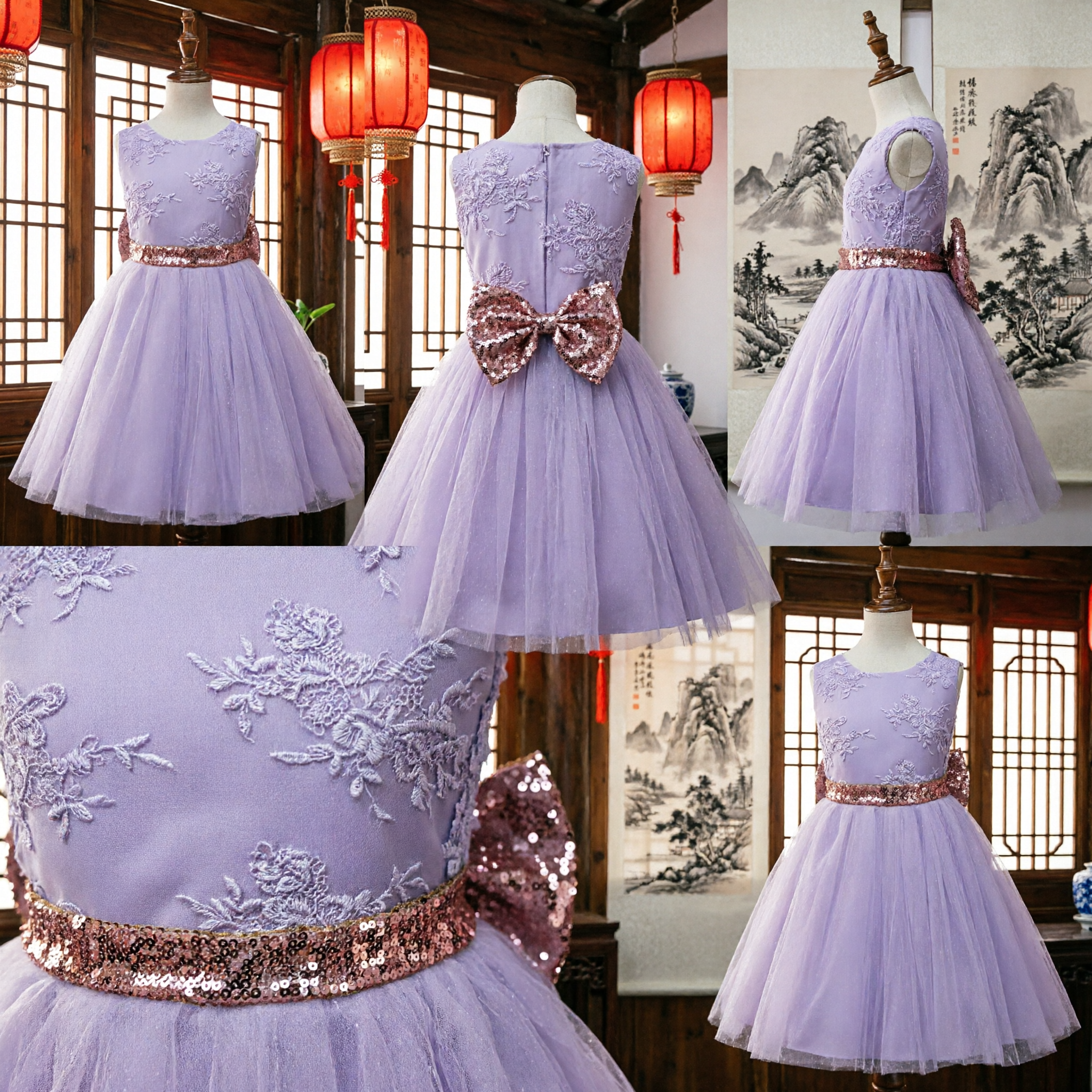 Abito da Damigella per Bambine con Corpetto in Pizzo Viola e Gonna in Tulle con Fascia con Paillettes per Matrimoni e Feste - Asian Costume