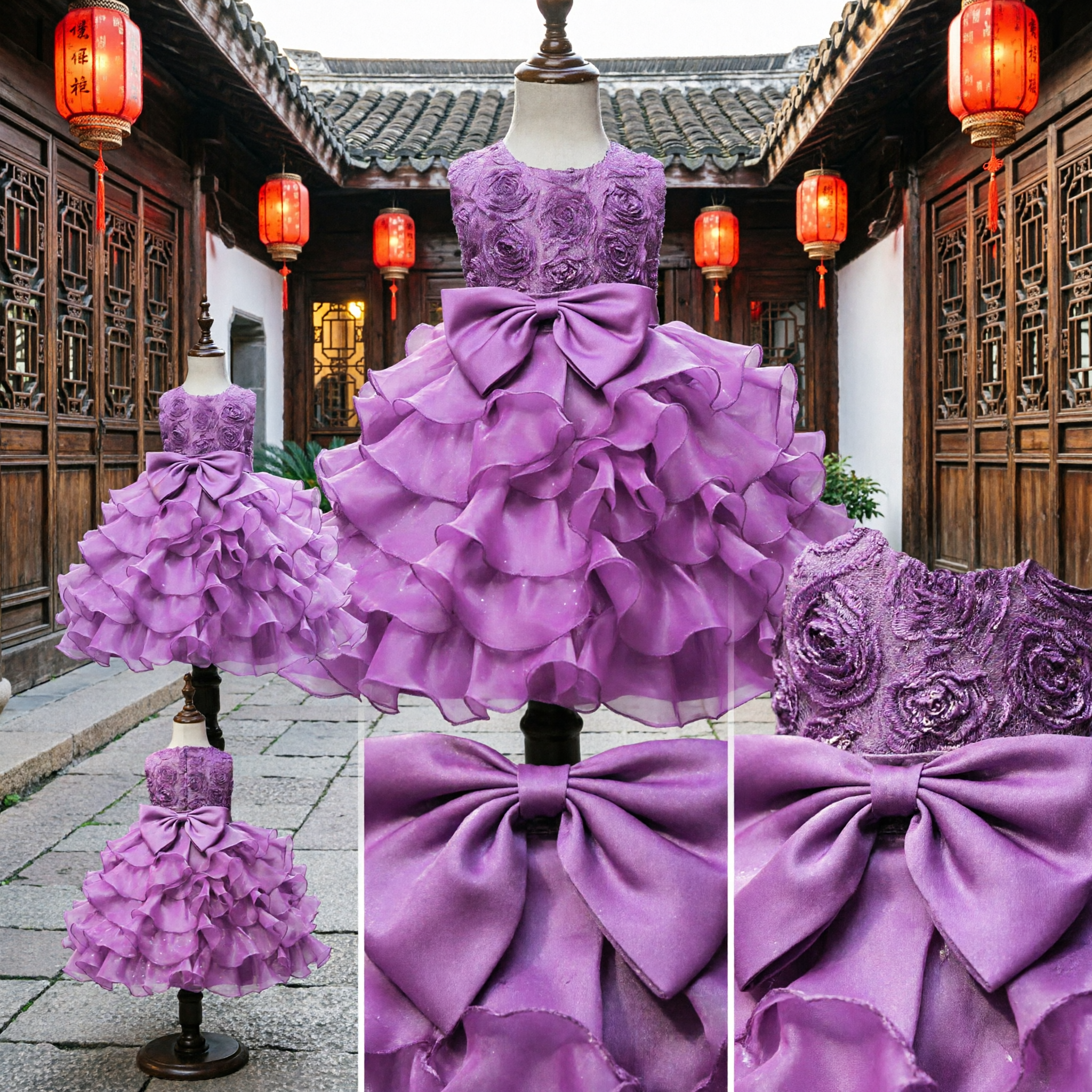 Vestido para Damita de Honor Púrpura para Niñas, Sin Mangas, Corpiño con Flores 3D, Gran Lazo y Falda de Volantes por Niveles, Vestido de Princesa para Boda y Fiesta - Asian Costume