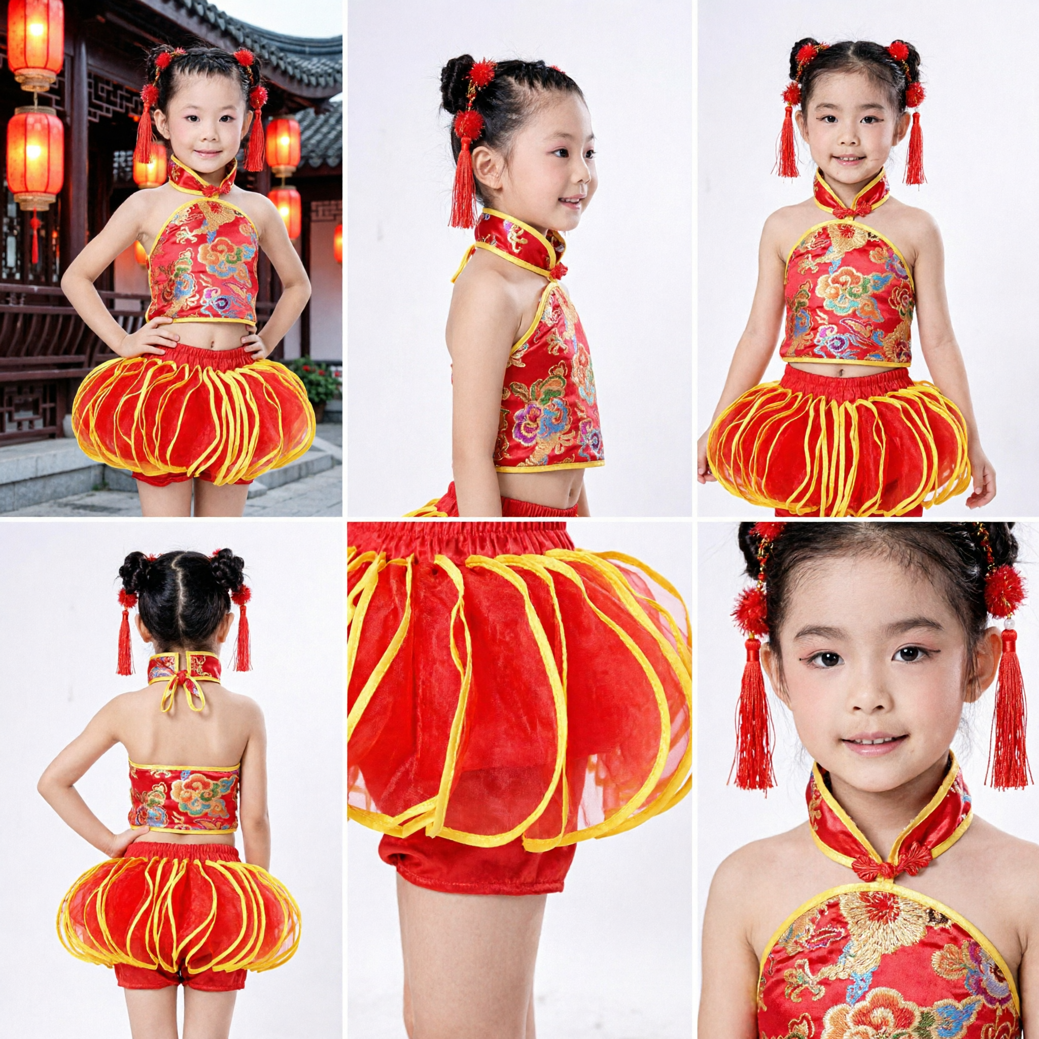 Costume de danse des lanternes du Nouvel An chinois pour enfants - Ensemble rouge haut bretelle et jupe pour filles et spectacle sur scène - Asian Costume