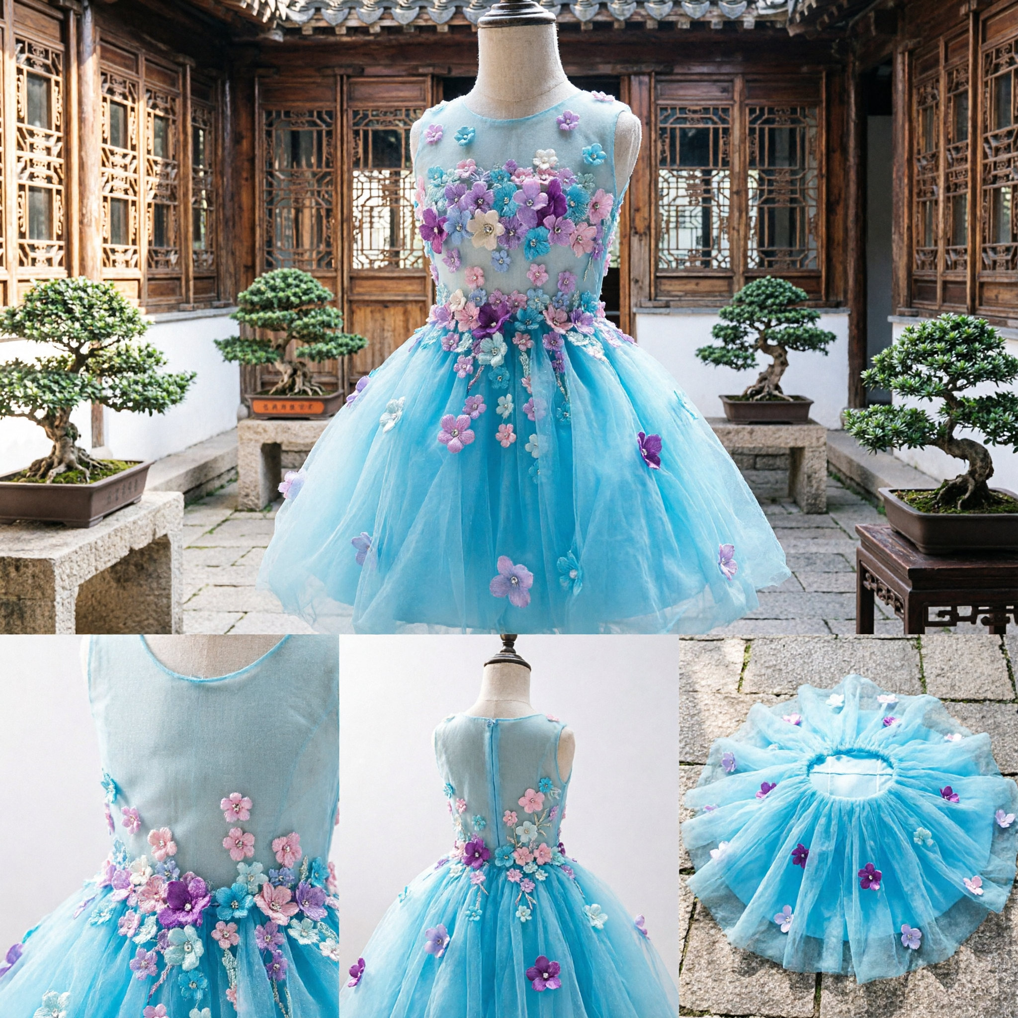 Abito da Principessa Blu per Bambine con Applicazioni Floreali 3D e Gonna in Tutù di Tulle per Matrimoni, Compleanni e Feste - Asian Costume