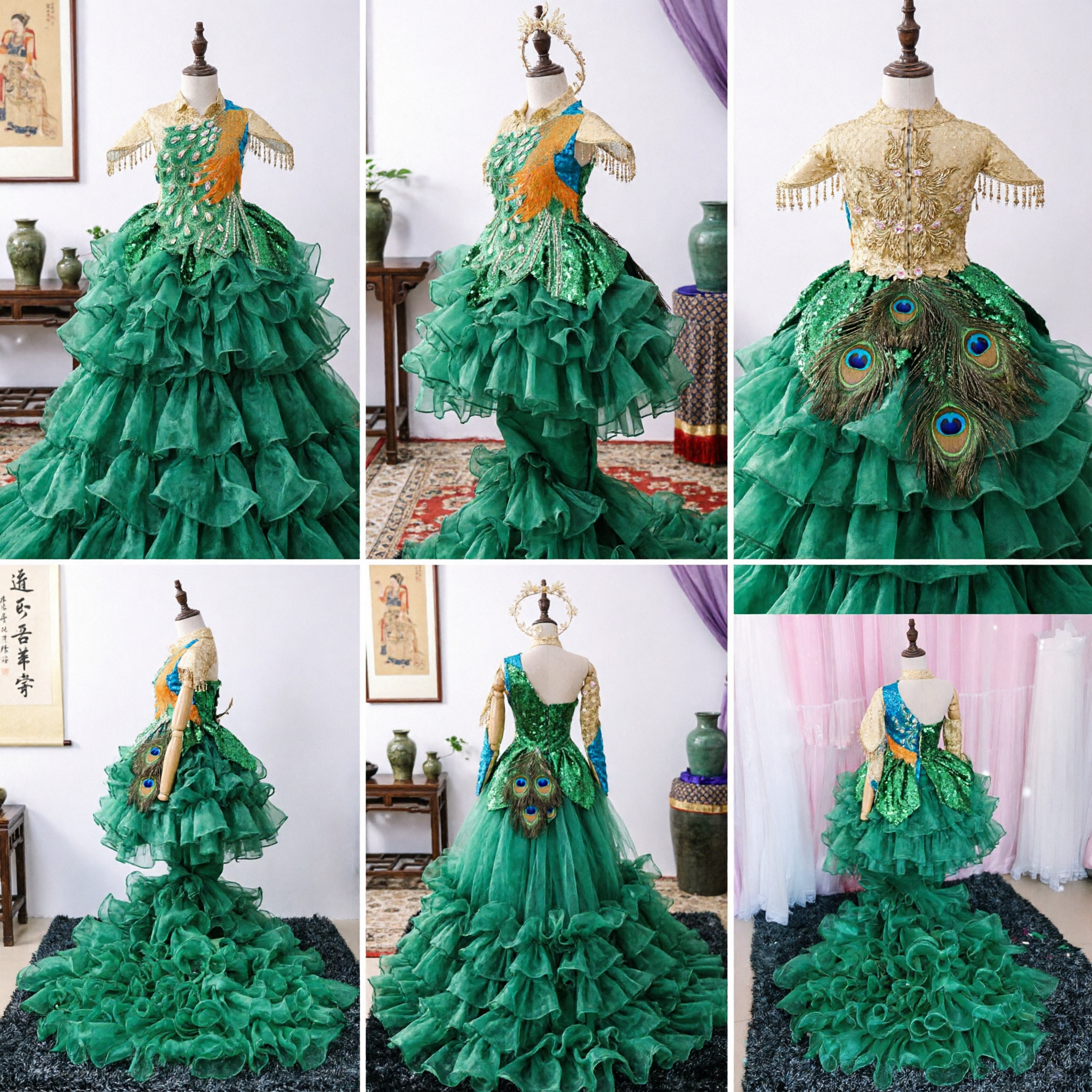 Exquisite Green Peacock Dance Costume Traditional Chinese Dai Ethnic Stage Performance Dress with Ruffled Train - Asian Costume
