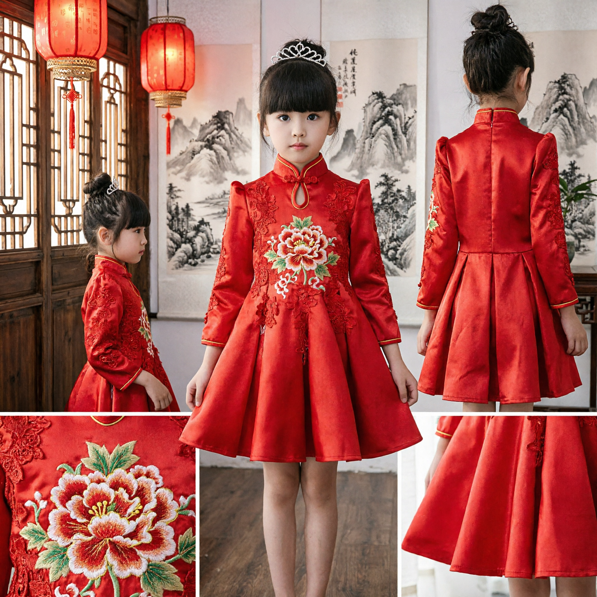 Vestido Rojo Cheongsam Chino para Niñas, Qipao Tradicional de Encaje, para Boda, Fiesta y Disfraz de Damita de Honor - Asian Costume
