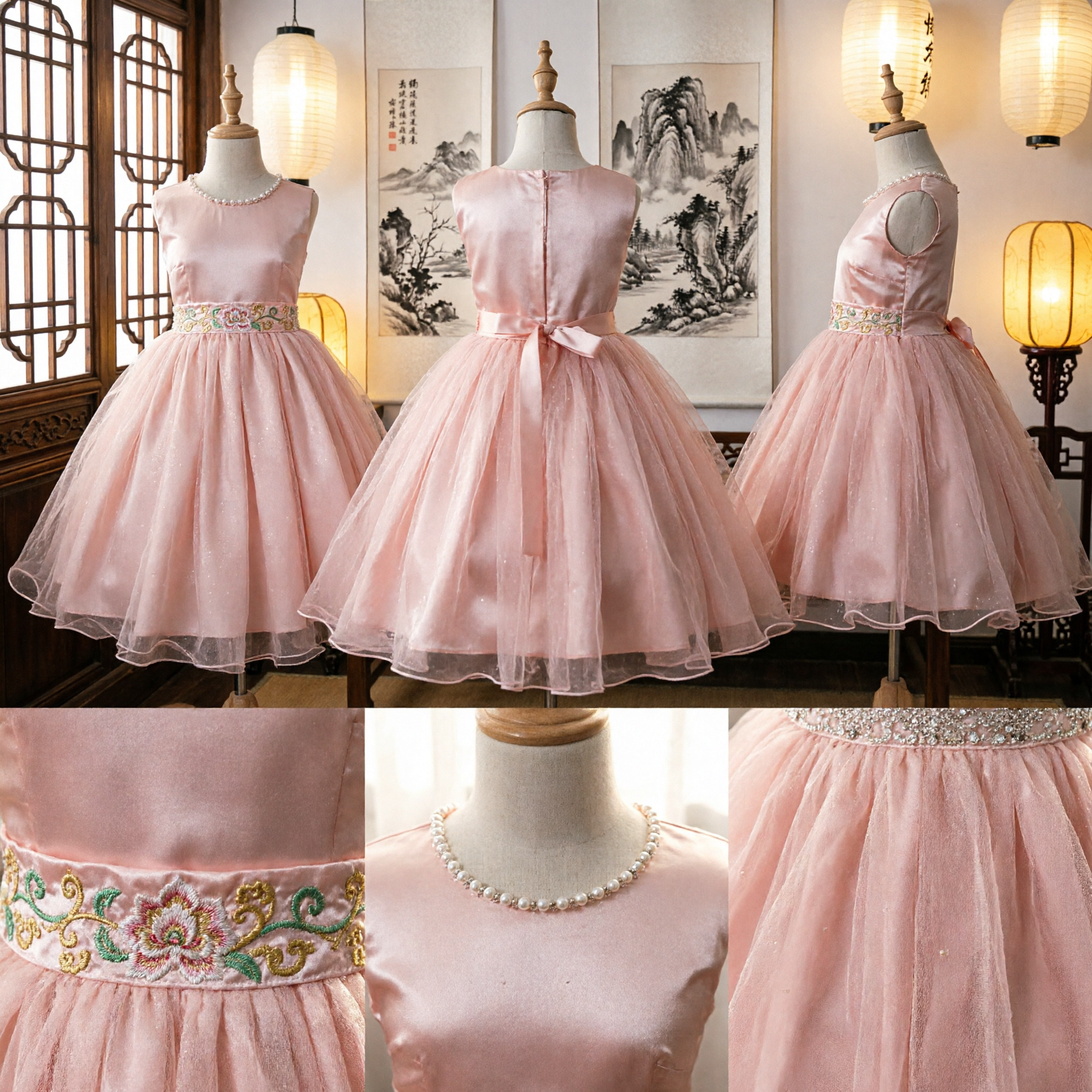 Elegant Pink Princess Flower Girl Dress Sleeveless Tulle Ballgown with Sequin Waistband for Weddings - Asian Costume