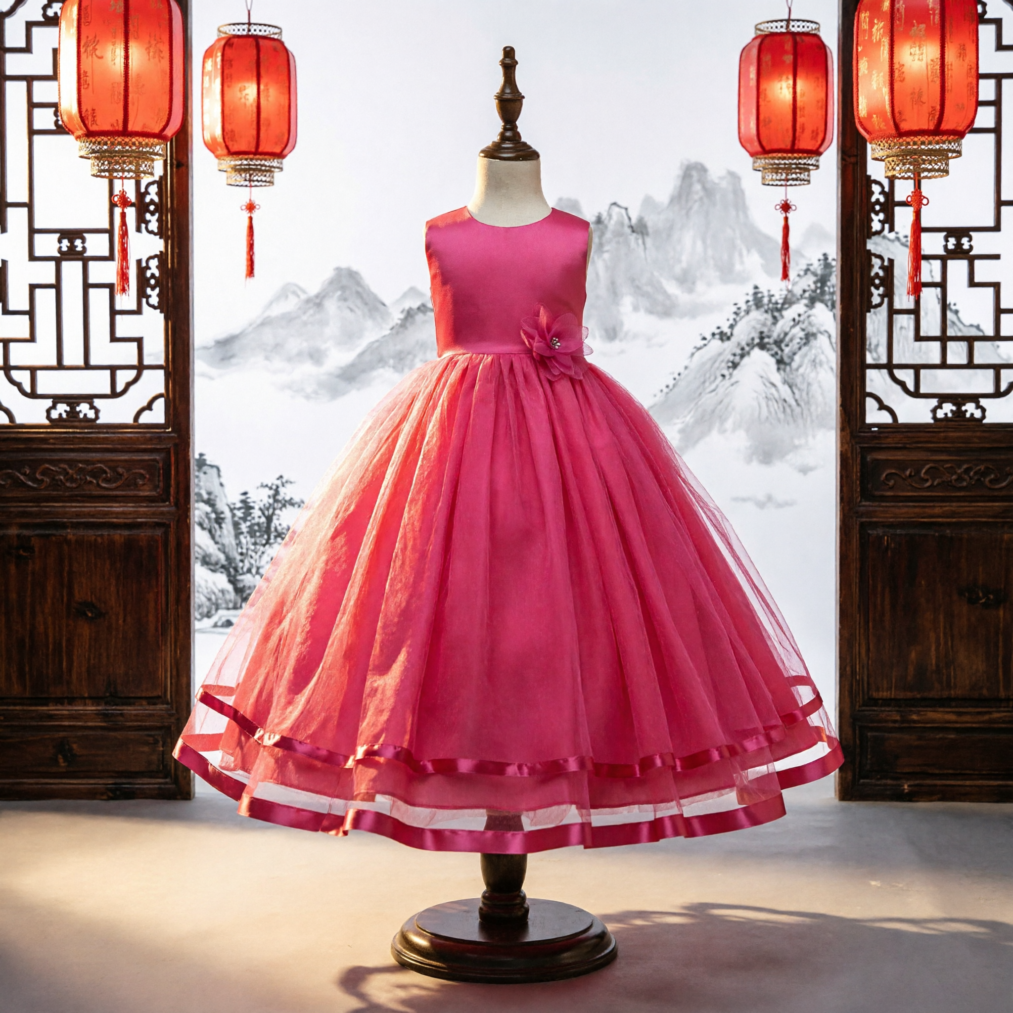 فستان الكرة الوردي من الشاش بدون أكمام لفتاة الزفاف لحفلات الزفاف والمناسبات للفتيات - Asian Costume