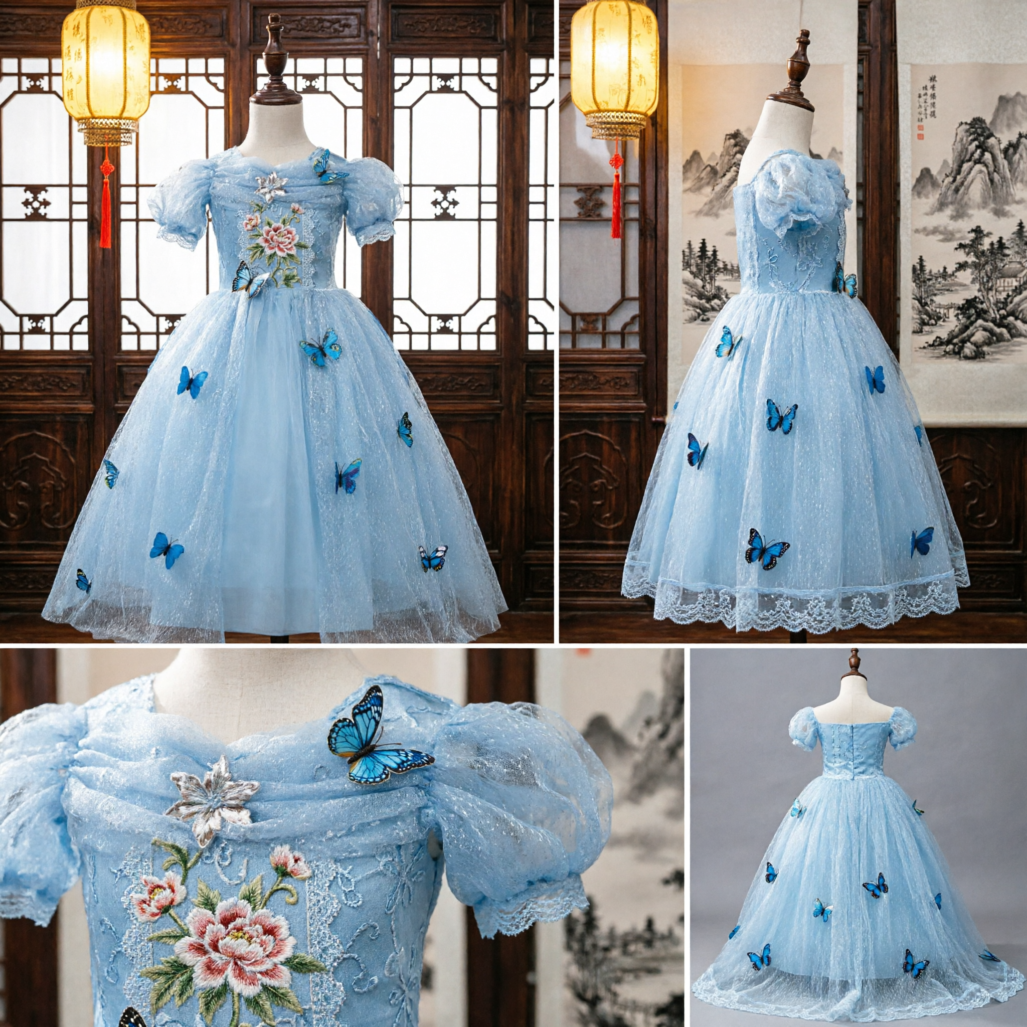 Mädchen Blau Prinzessinnenkleid Cinderella Schmetterling Cosplay Kostüm Kinder Tüll Ballkleid für Geburtstagsfeiern - Asian Costume