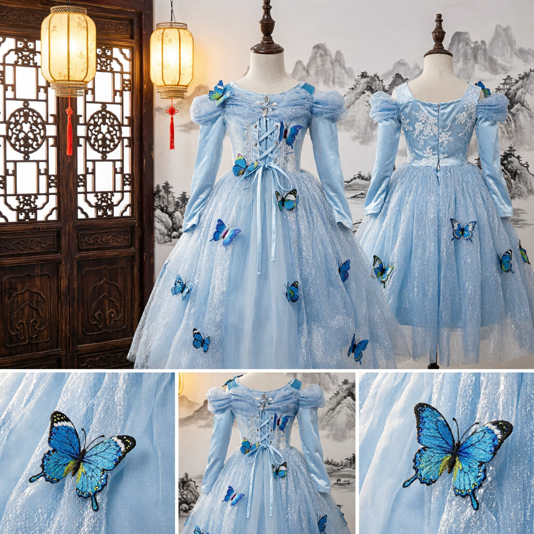 Mädchen Blau Schmetterling Prinzessinnenkleid Kinder Feen Cosplay Kostüm für Halloween Geburtstagsfeier Auftritt - Asian Costume