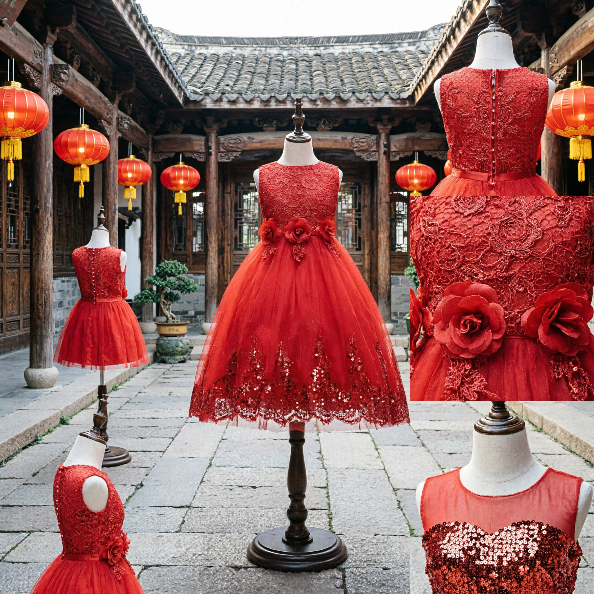 Ärmelloses Rot Spitzen Prinzessinnenkleid für Mädchen Kinder Hochzeit Blumenmädchen Feier formelles Tüllkleid - Asian Costume