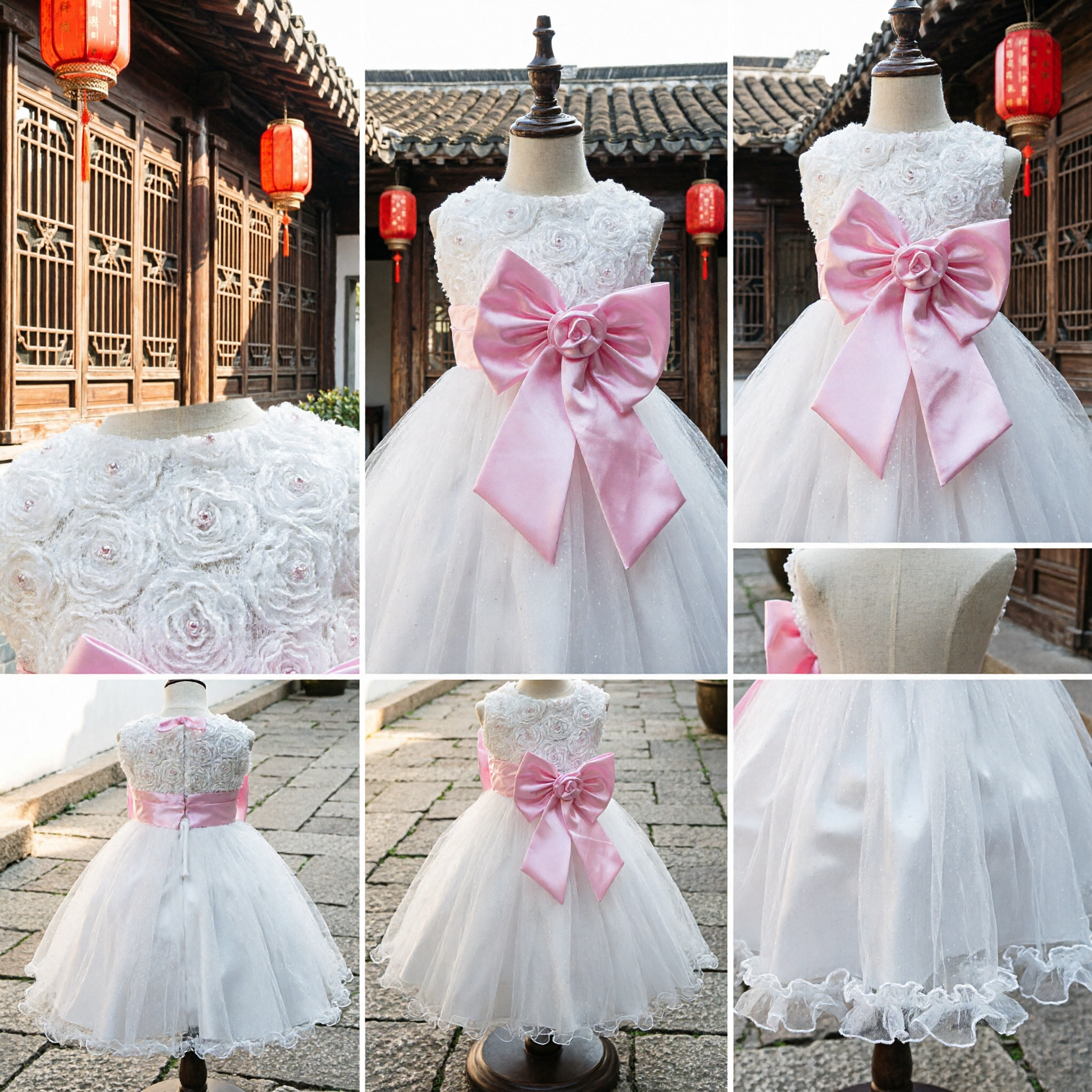 Elegant White Princess Flower Girl Dress with Large Pink Satin Bow Tulle Skirt for Weddings and Parties - Asian Costume