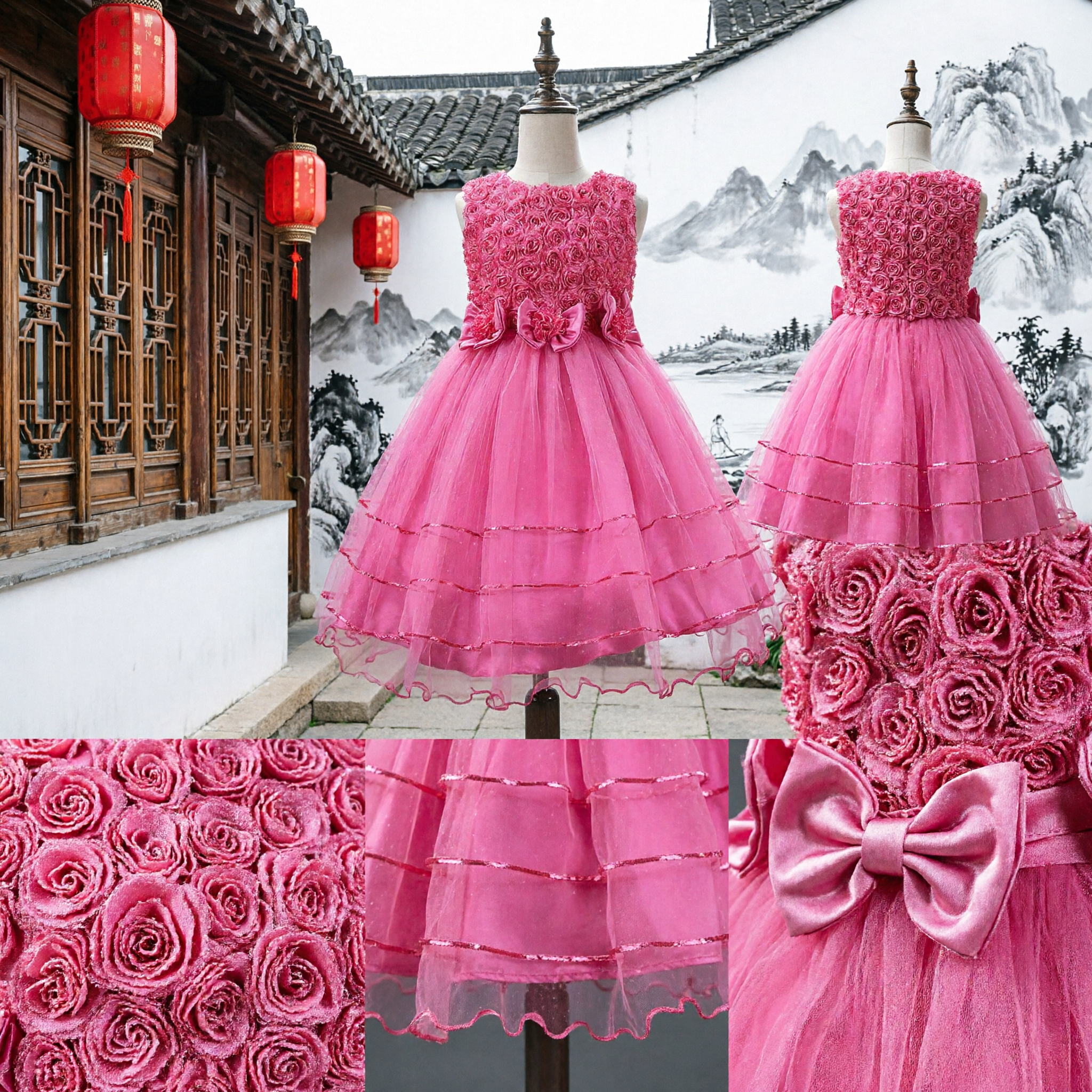 Vestito in tulle per bambine con corpetto a rosette fucsia senza maniche, abito da damigella d'onore per matrimoni, compleanni e occasioni formali - Asian Costume