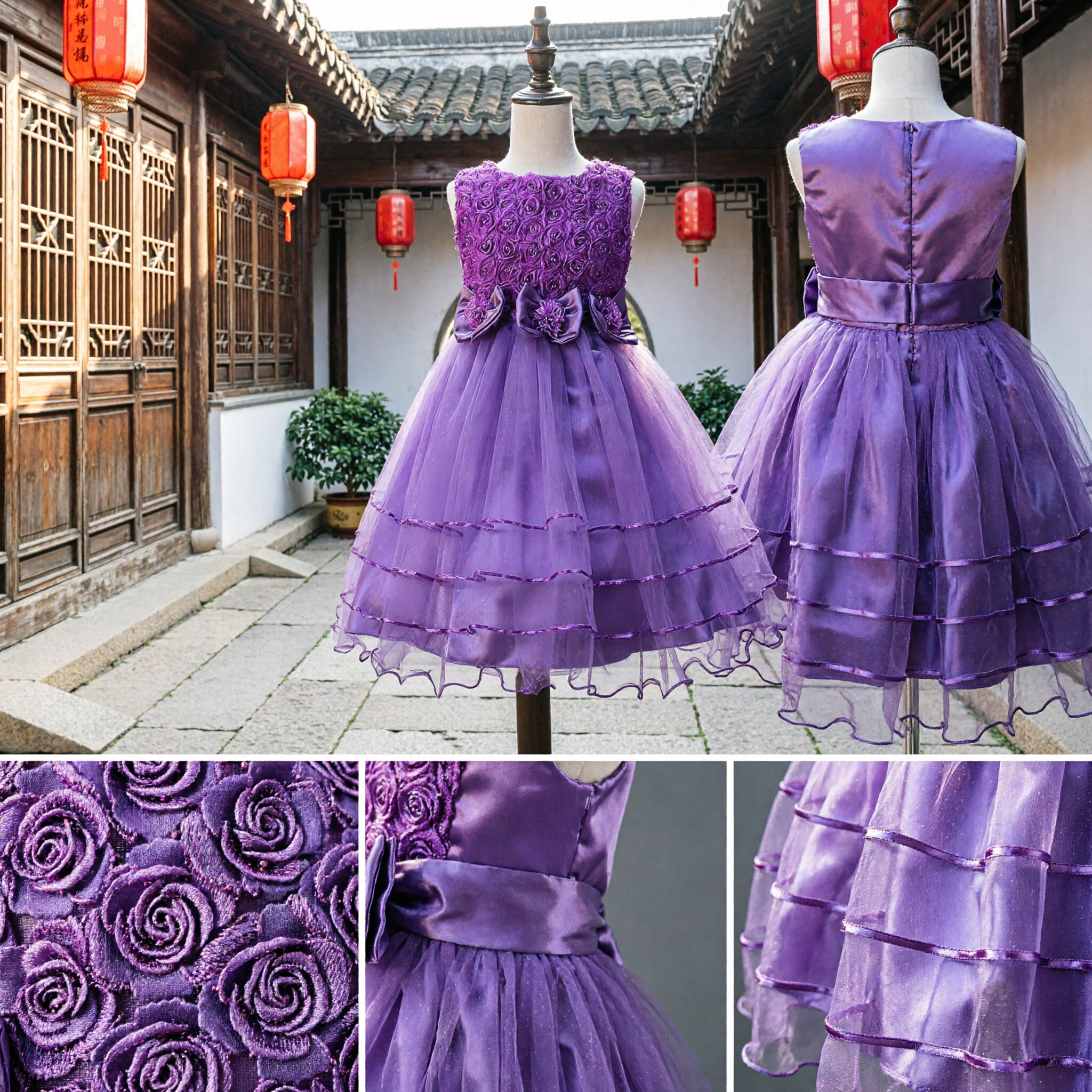 Vestito viola senza maniche con corpetto a rosette 3D e gonna a tutù in tulle per bambine, abito da damigella d'onore per matrimoni e feste - Asian Costume