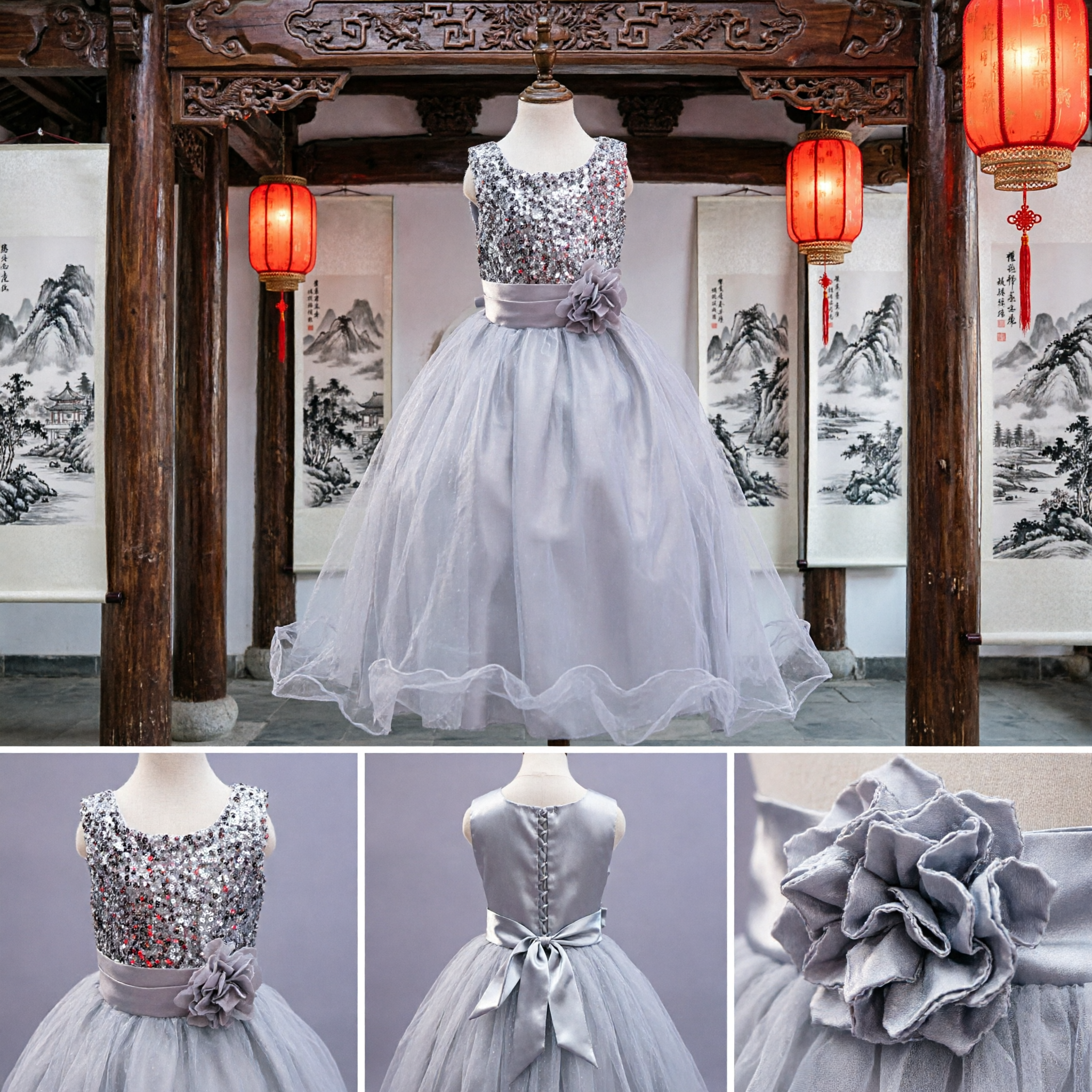 Vestito da damigella d'onore argento per bambine a paillettes, lungo abito da ballo in tulle per matrimoni, sfilate e feste - Asian Costume