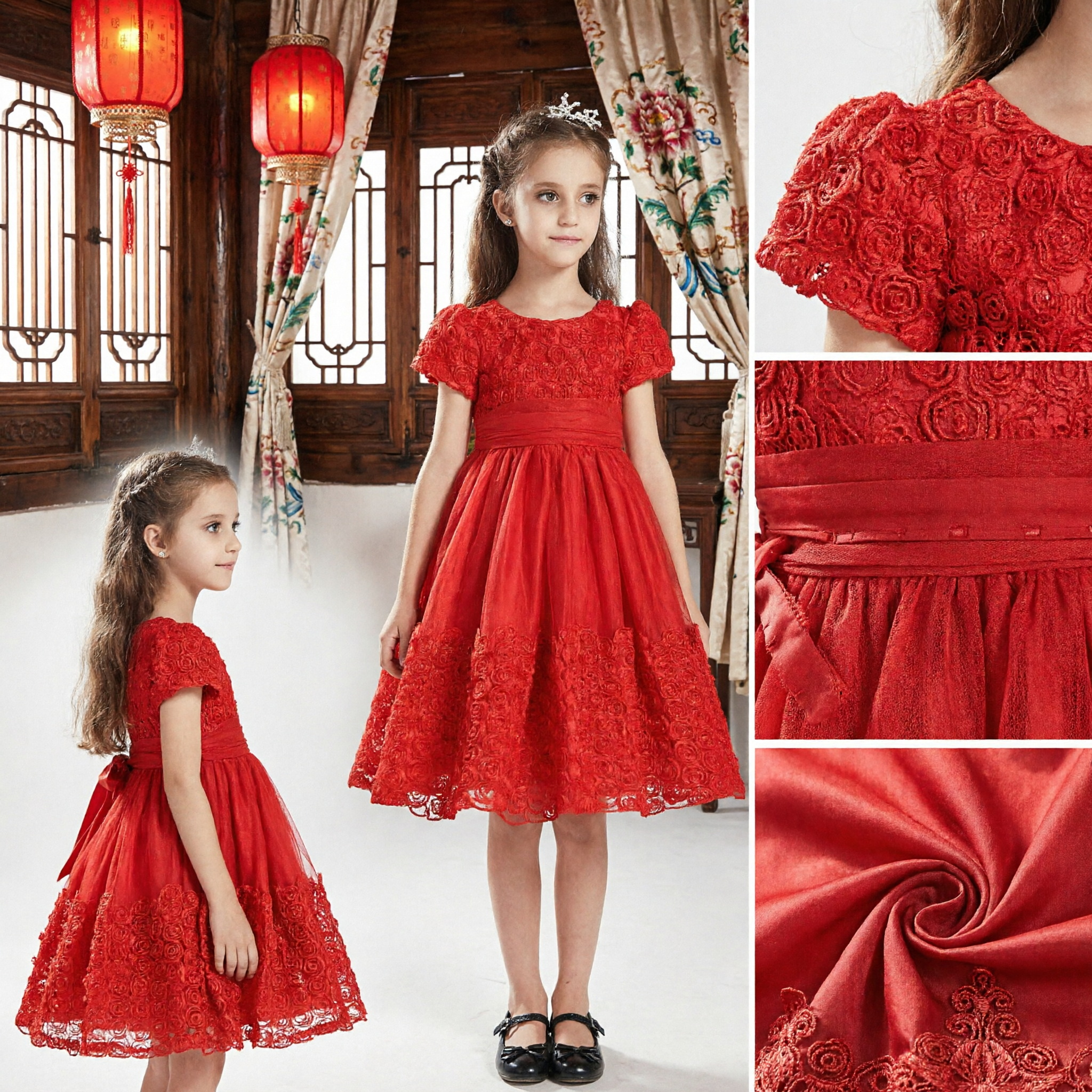 Elegante vestito rosso con pizzo a motivo di rose per bambine a maniche corte, abito formale per feste, matrimoni e damigelle d'onore - Asian Costume