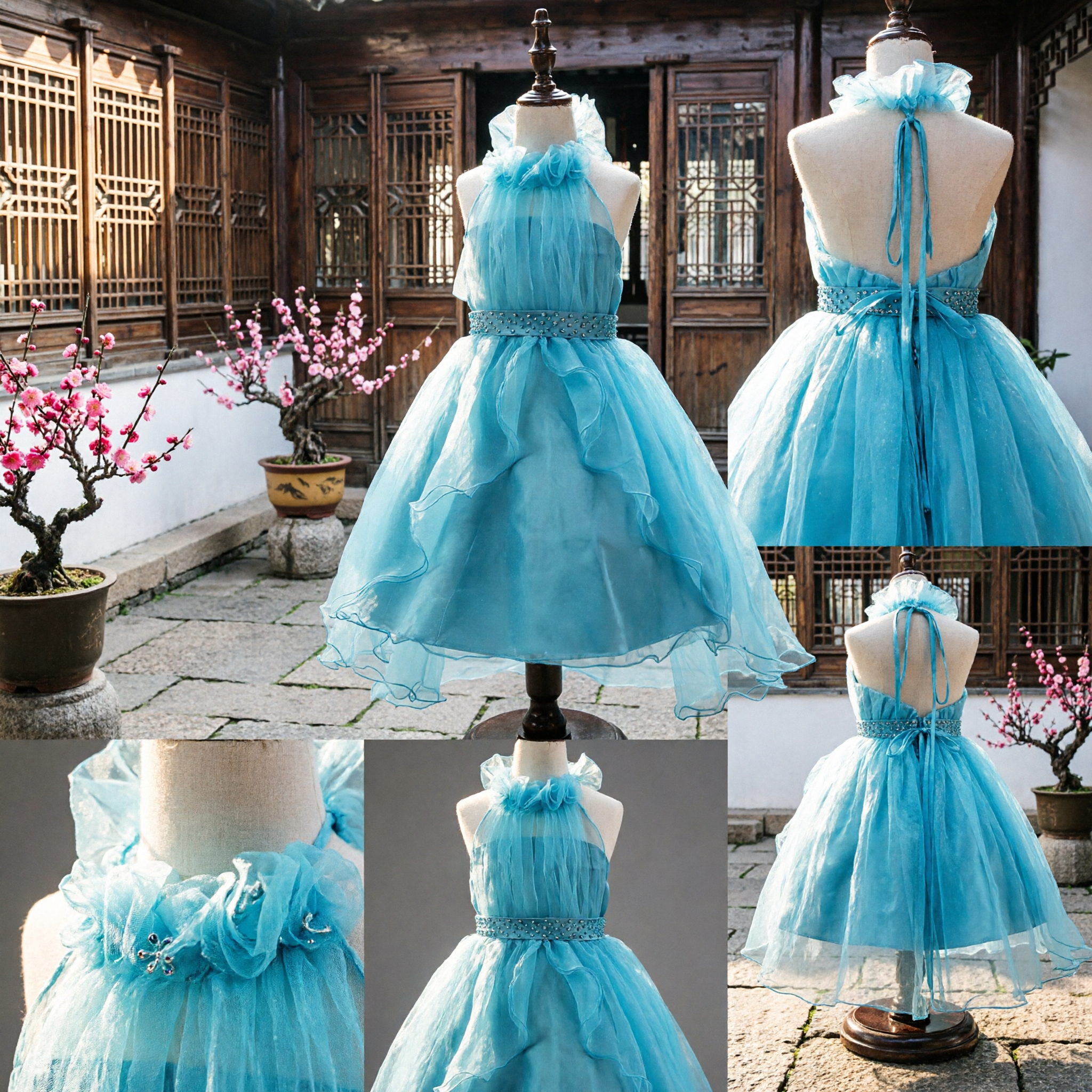 Elegante Vestido de Tule Azul com Rendas e Gola Halter para Meninas, Vestido de Menina das Flores, para Casamento, Festa, Formal - Asian Costume