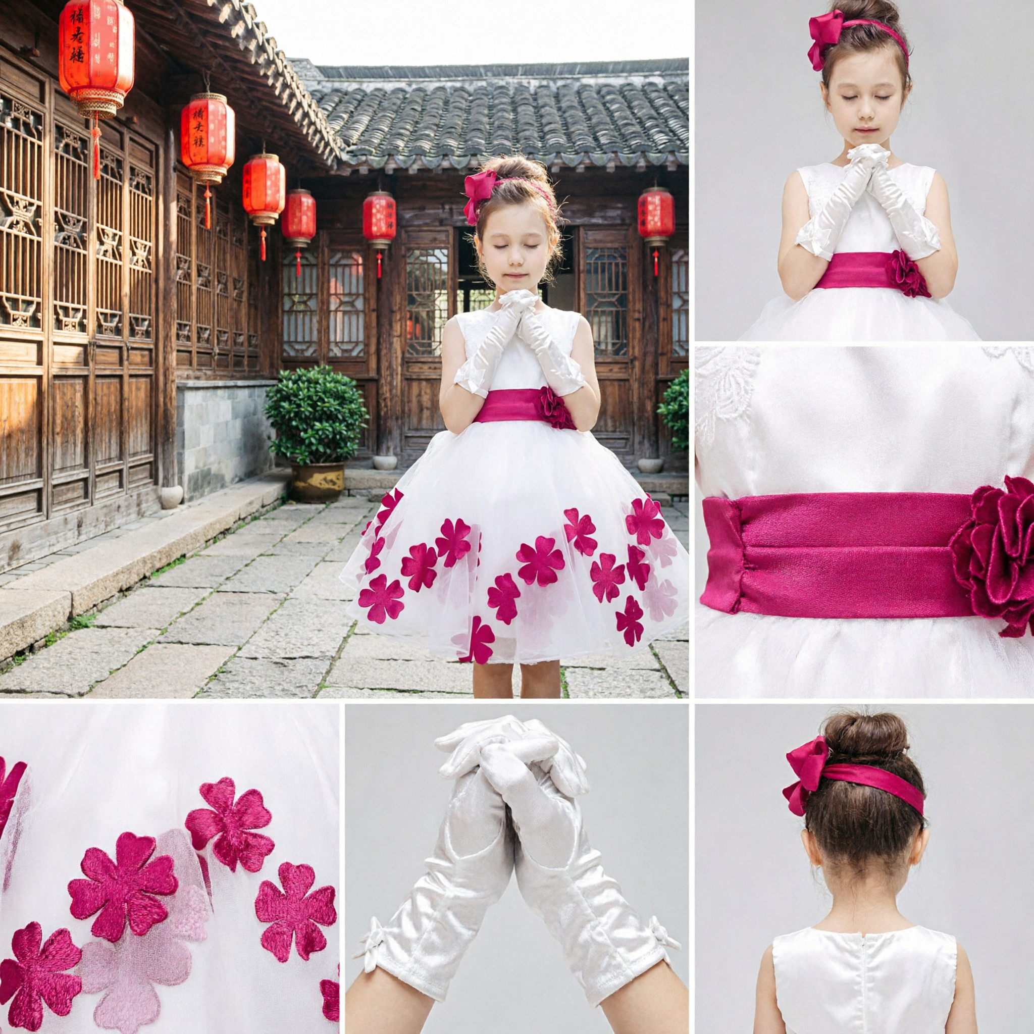 Witte bruidsmeisjes baljurk met roze sjerp en klaverapplicaties voor bruiloft feest - Asian Costume