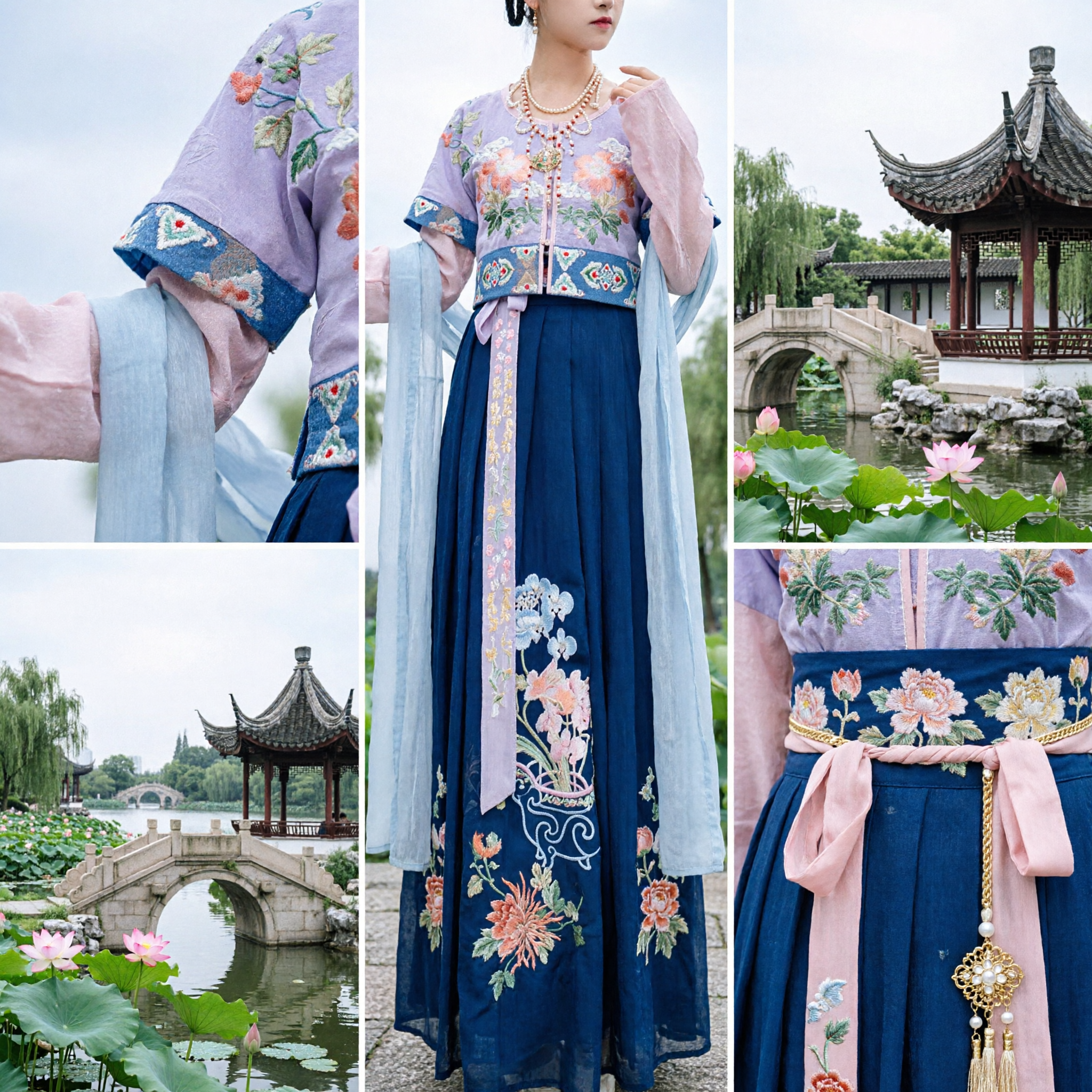Traditionelles chinesisches Hanfu-Kostüm für Frauen, lila floral besticktes Oberteil mit blauem Rock-Set für antike Auftritte - Asian Costume