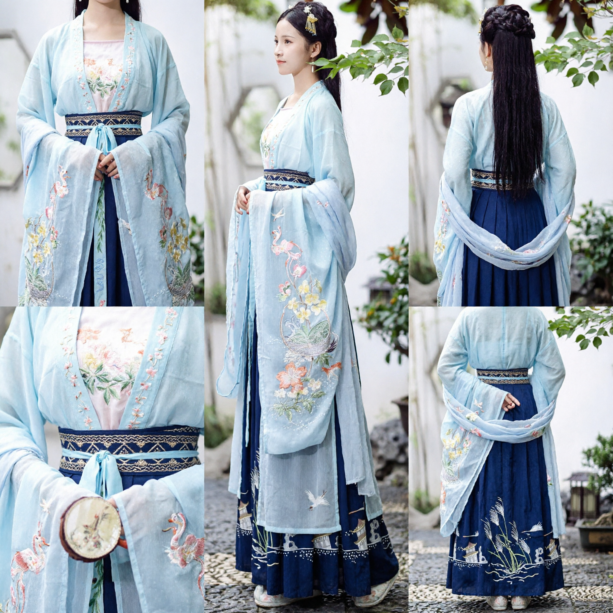 Traje Tradicional Hanfu Chinês para Mulheres Estilo da Dinastia Song Conjunto de Robe Azul Claro Bordada e Saia Azul Marinho - Asian Costume