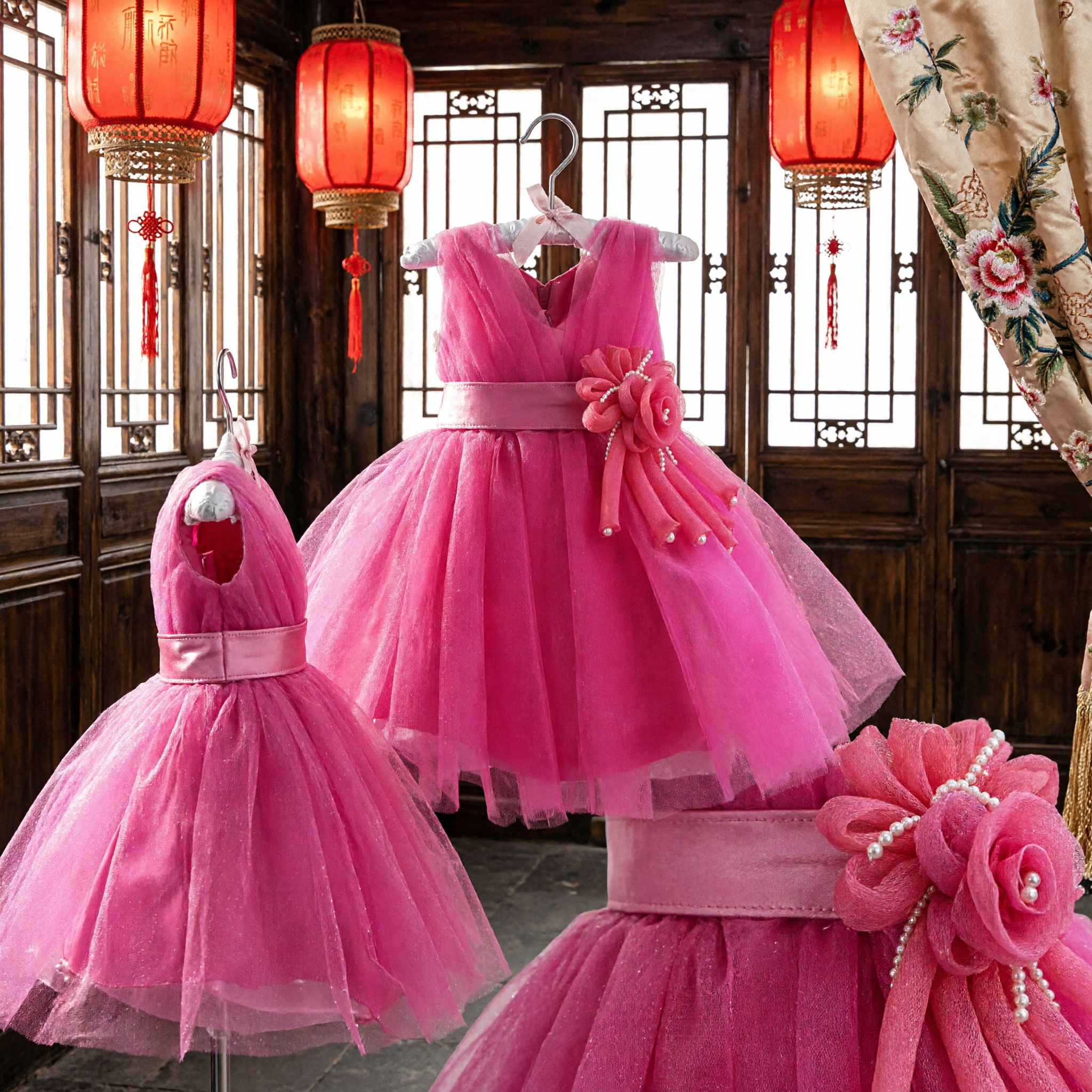 Robe de fille d'honneur en tulle rose vif sans manches pour enfants, pour mariage, soirée ou occasion formelle - Asian Costume
