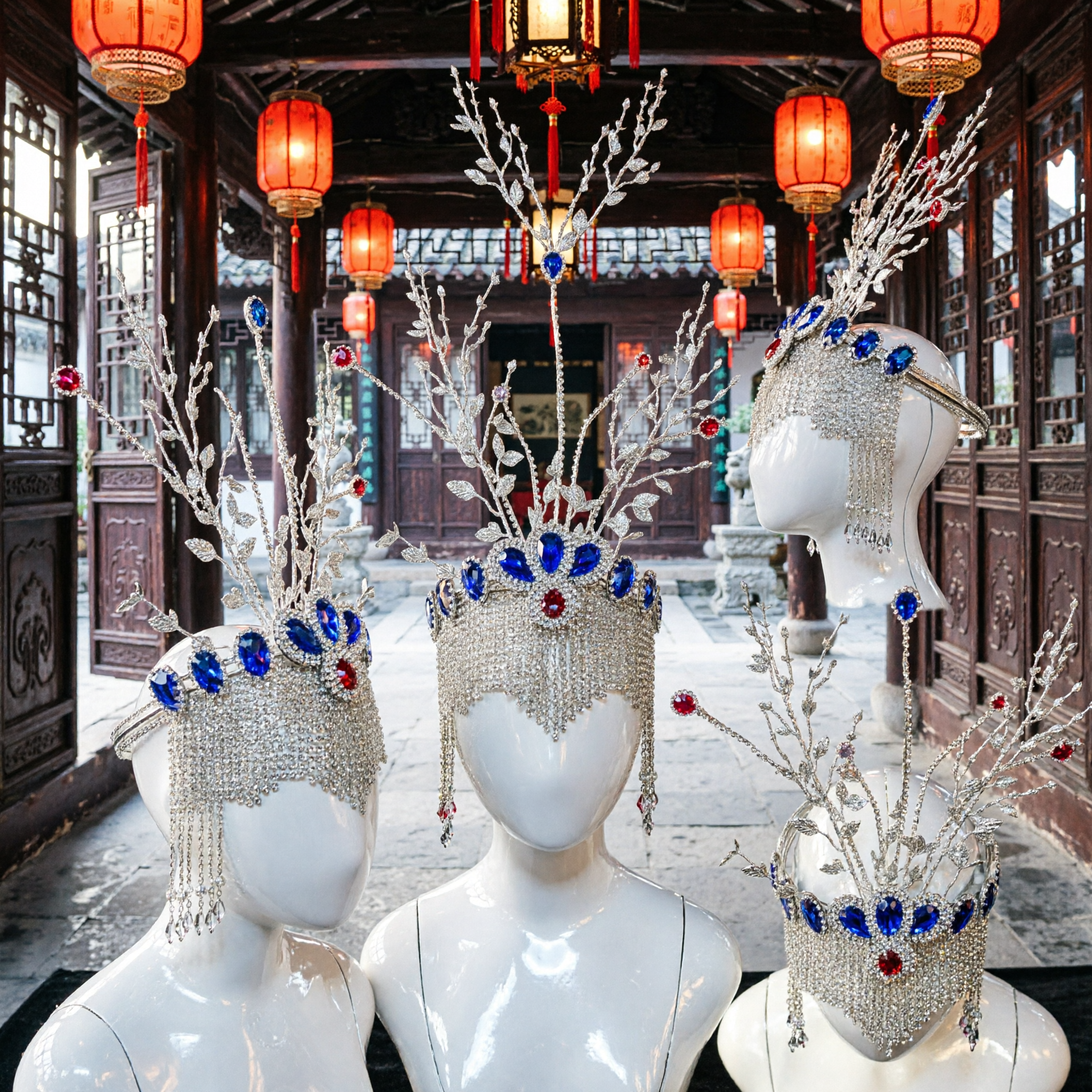 Couronne de phénix traditionnelle chinoise pour mariée, coiffe en strass argenté avec pierres bleues pour accessoire capillaire de spectacle de mariage - Asian Costume