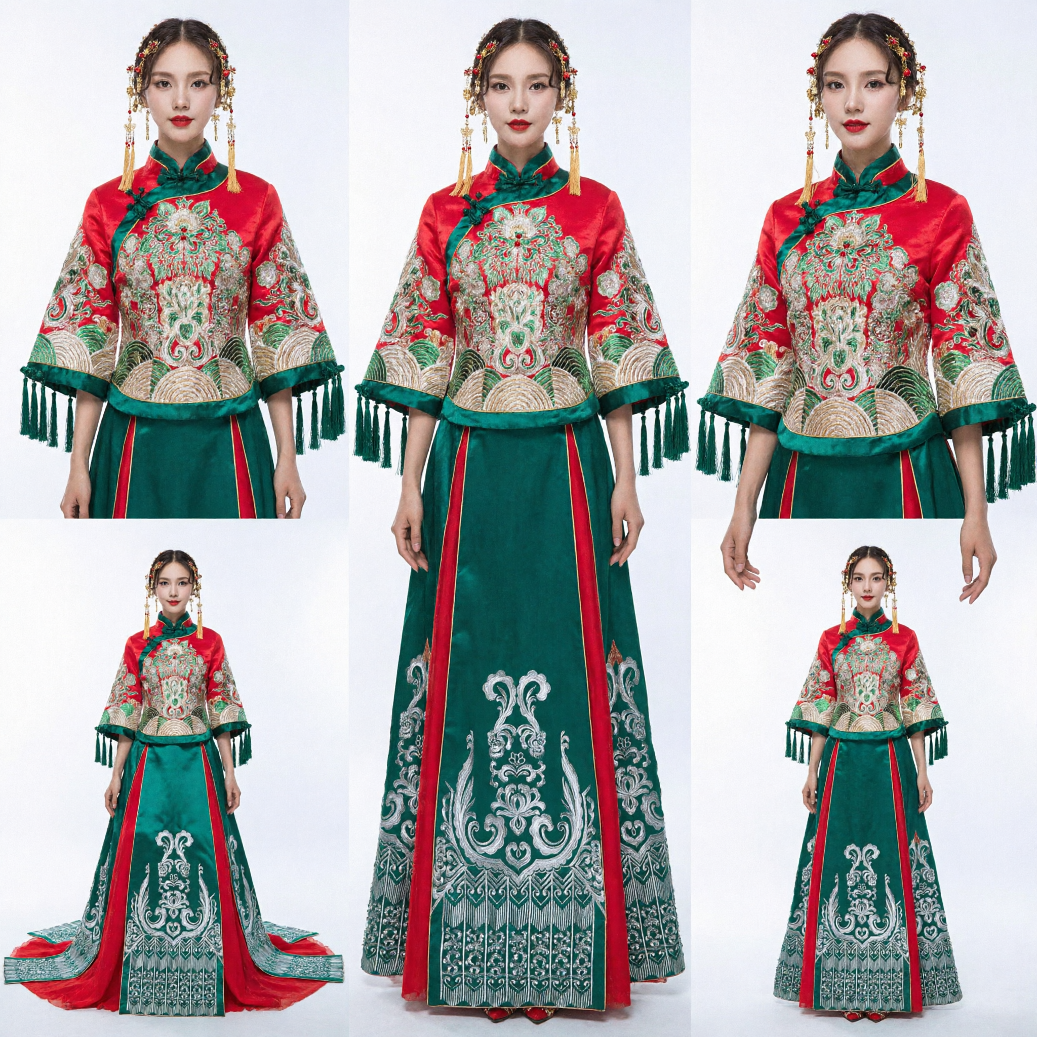 Abito da Sposa Tradizionale Cinese Xiu He Fu, Veste Nuziale Verde e Rossa Ricamata con Fenice per Cerimonia - Asian Costume