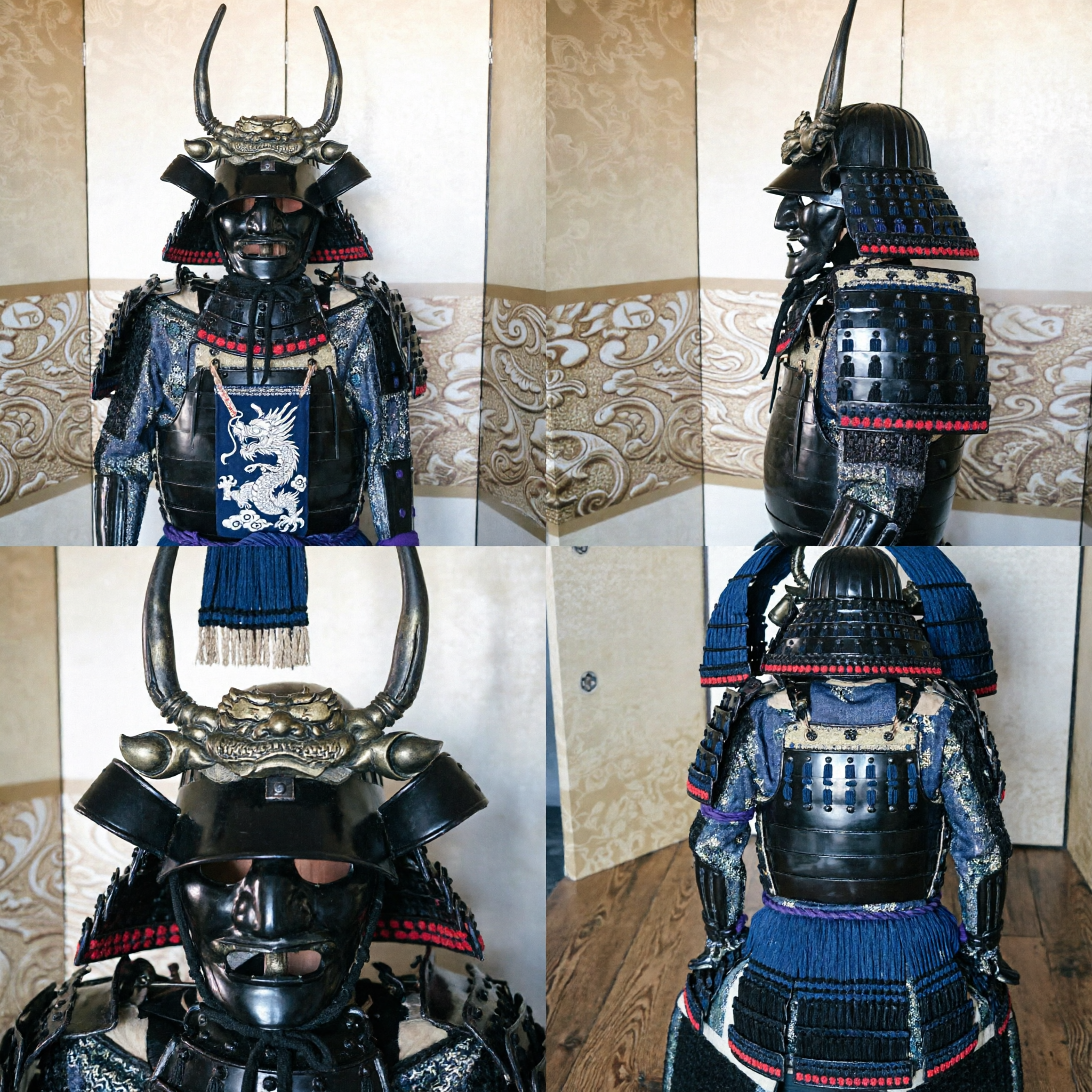 Vollständiges Set Schwarze Japanische Samurai-Rüstung Kostüm mit Gehörntem Kabuto-Helm und Maske für Männer Cosplay - Asian Costume