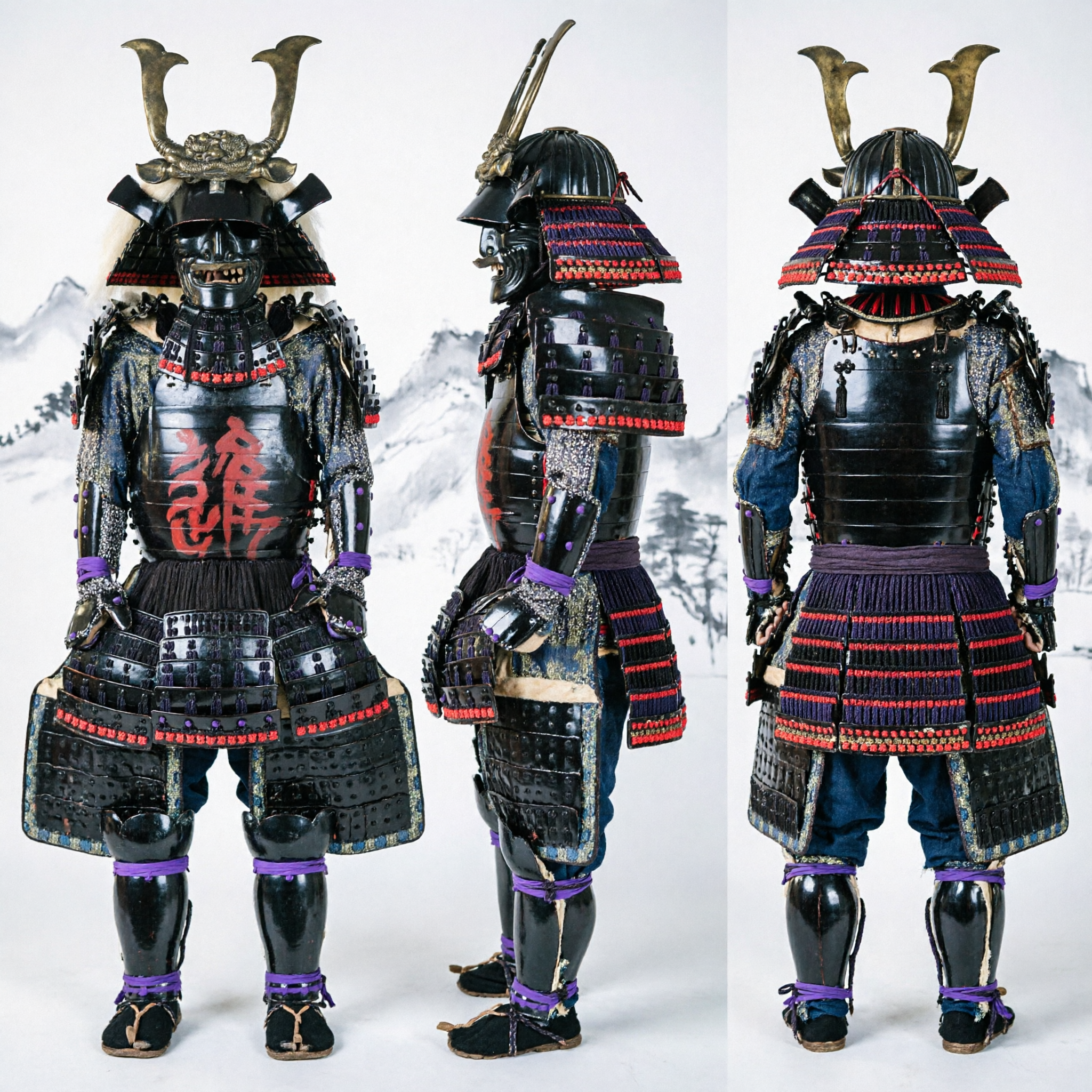 Vollständiges Set Japanische Samurai-Rüstung Anzug Schwarz Lackiertes Krieger-Kostüm mit Gehörntem Kabuto-Helm für Erwachsenen-Cosplay Ausstellung - Asian Costume