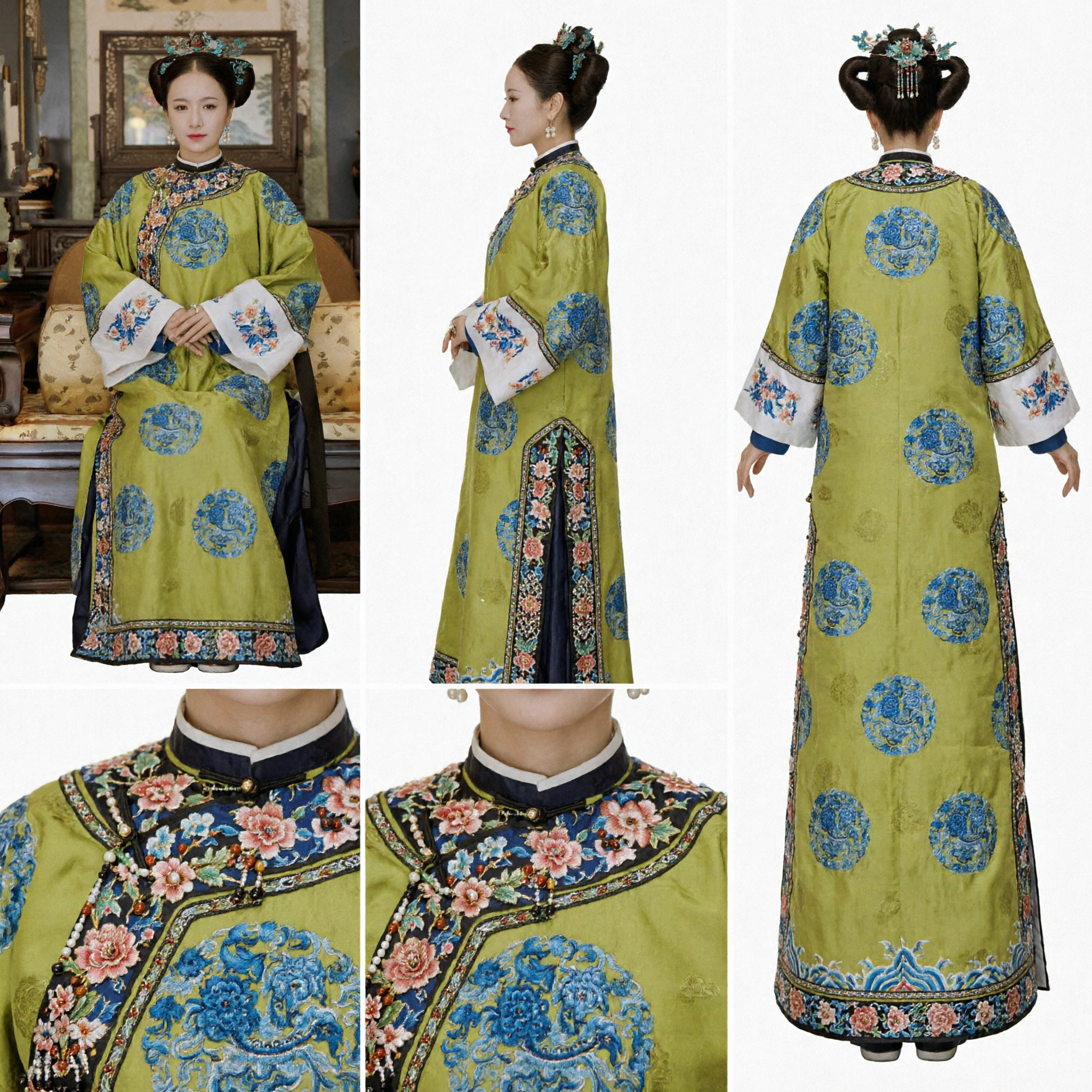 Traditional Chinese Qing Dynasty Manchu Women Green Embroidered Robe Costume for Historical Cosplay and Drama - Asian Costume