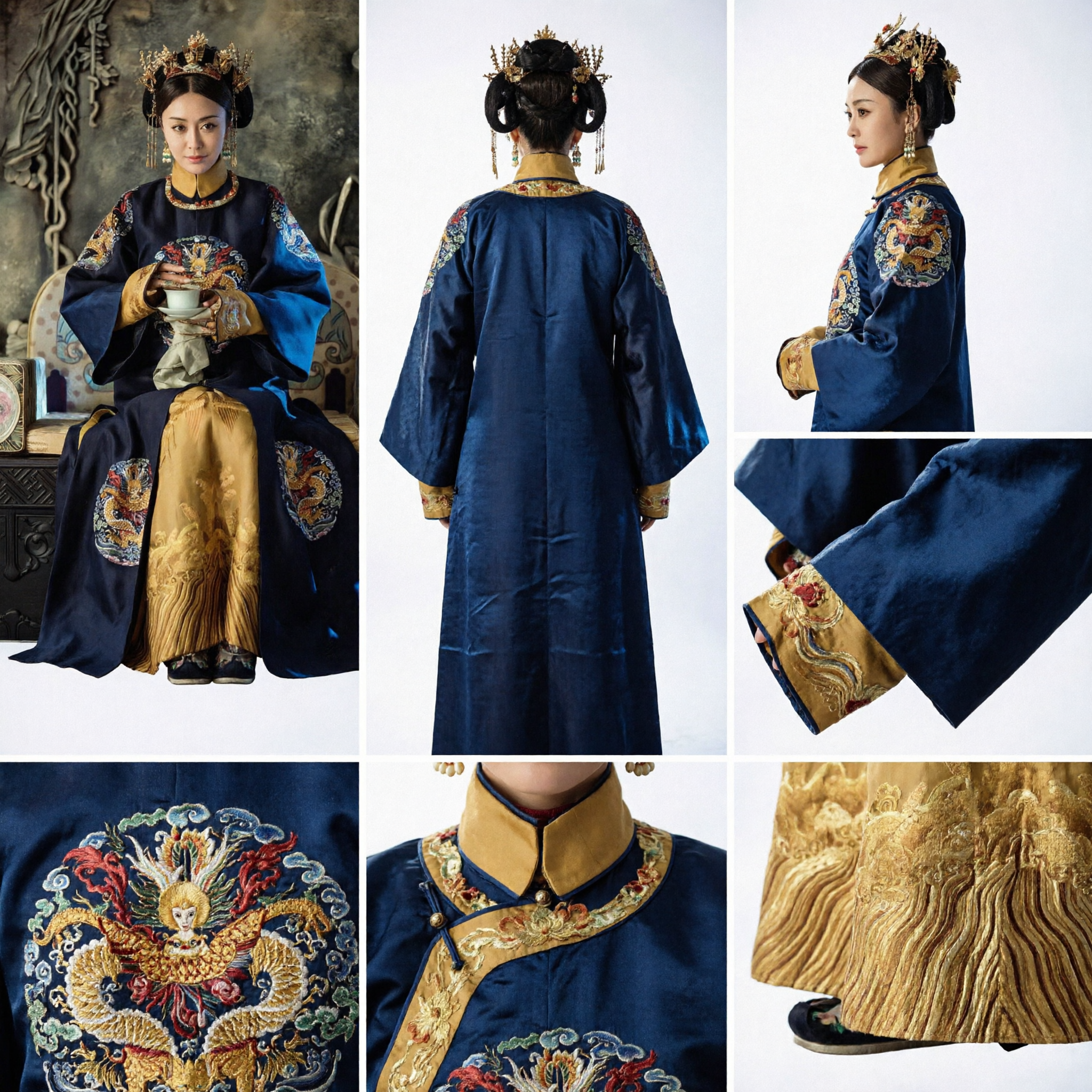 Traditionele Chinese Qing-dynastie Keizerin Kostuum Blauw Keizerlijk Hof Gewaad Oude Prinses Jurk voor Vrouwen - Asian Costume
