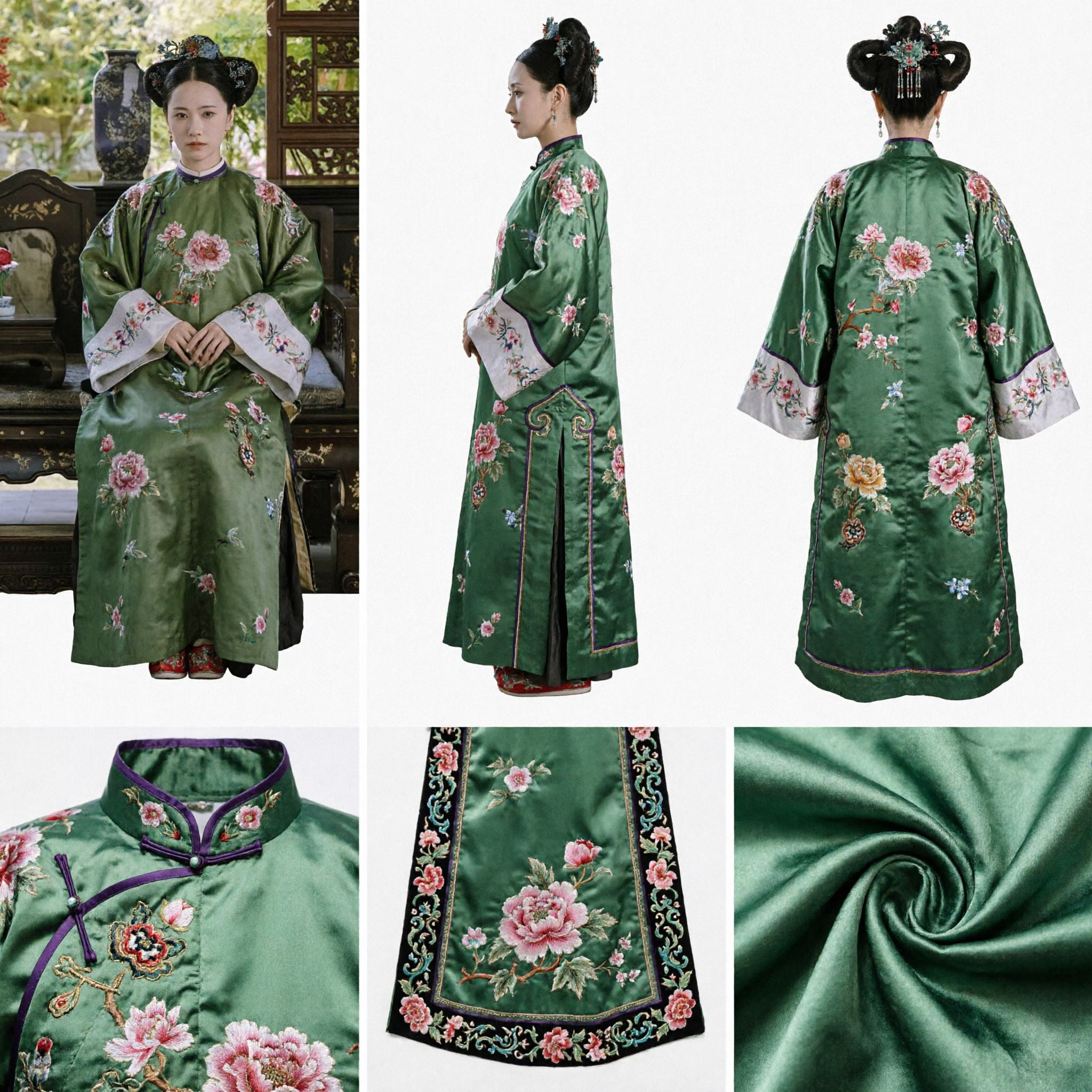 Ancient Chinese Qing Dynasty Manchu Noble Lady Green Floral Embroidered Robe Traditional Costume - Asian Costume