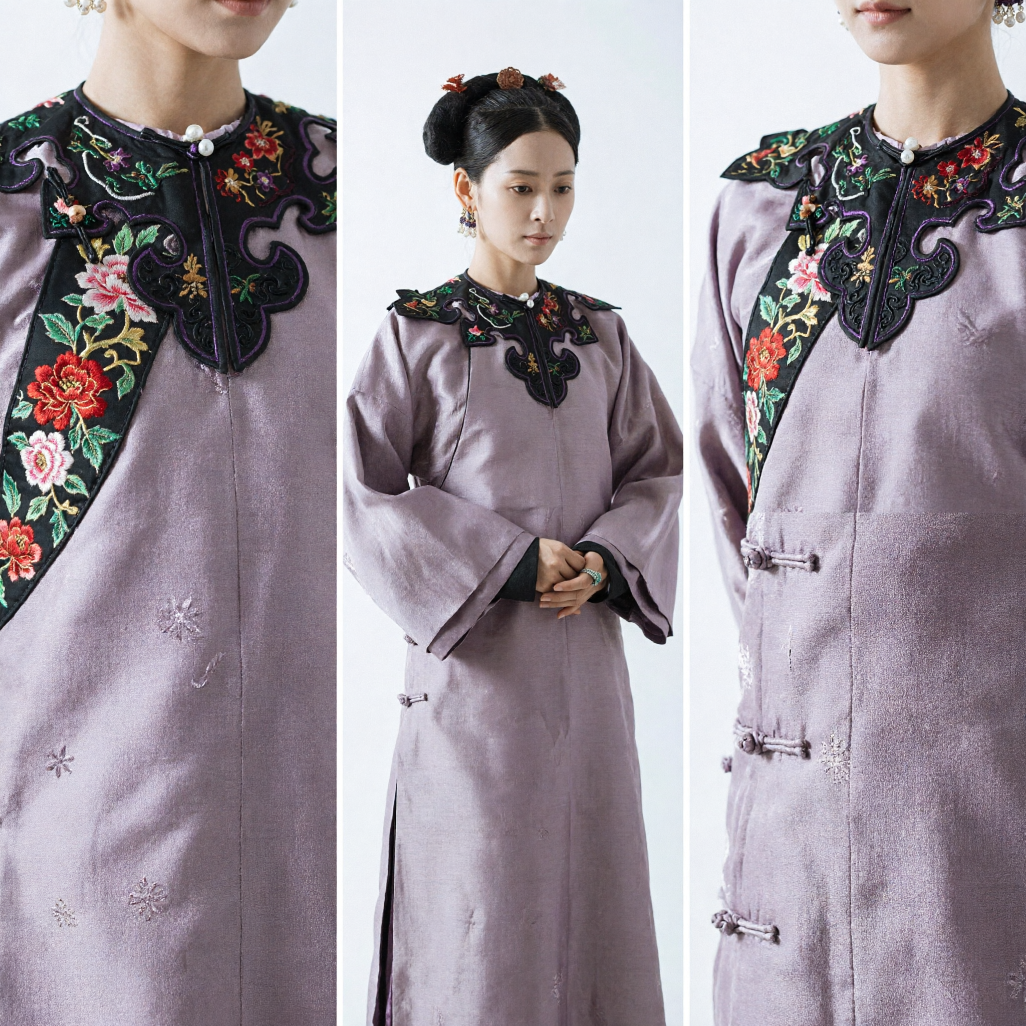 Traje de Dama de Palacio de la Dinastía Qing China Antigua, Túnica Lavanda Bordada con Cuello de Nubes para Mujer - Asian Costume