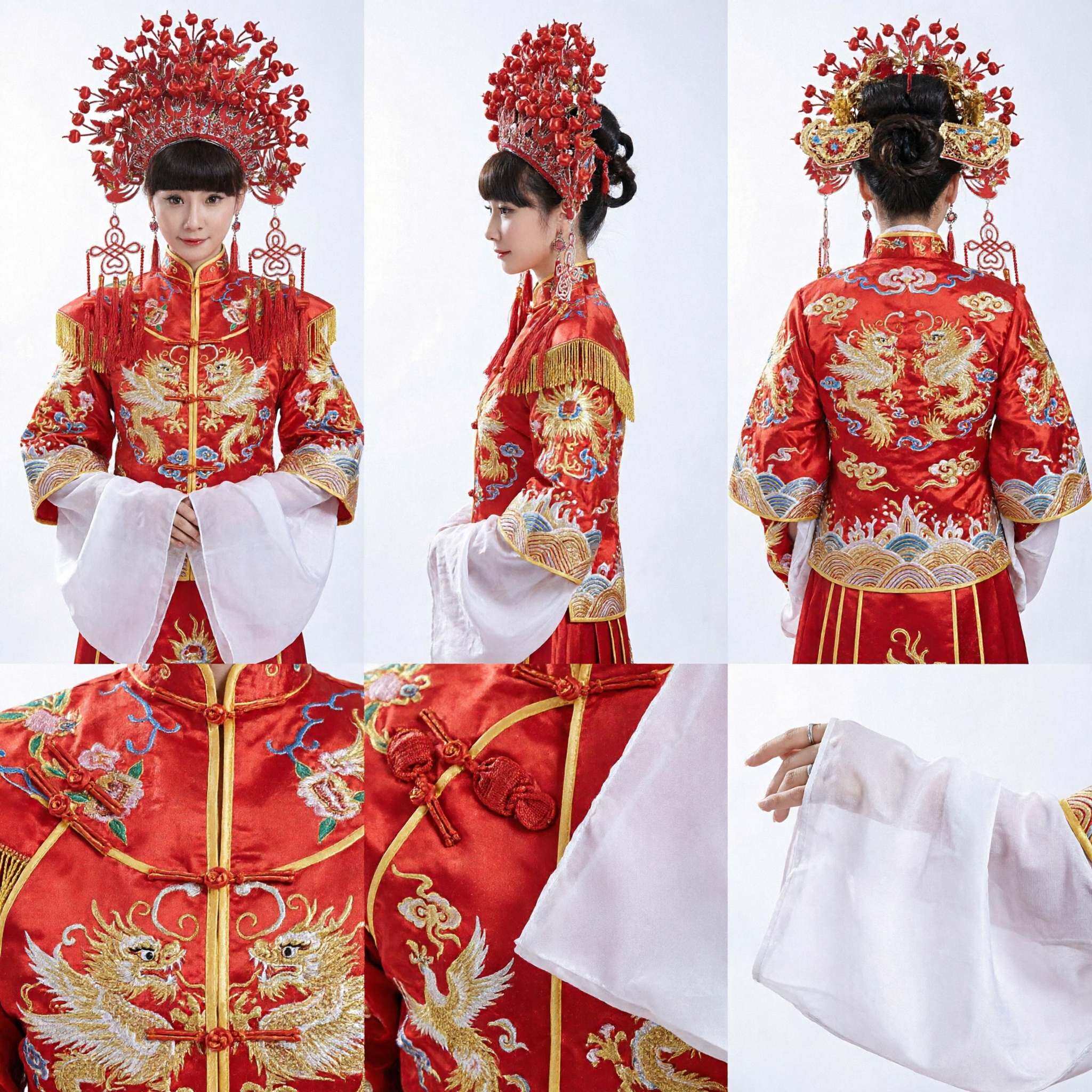 중국 전통 혼례 봉황 관 머리 장식 빨간 나비 두정 신부 수하복(秀禾服) 용 - Asian Costume