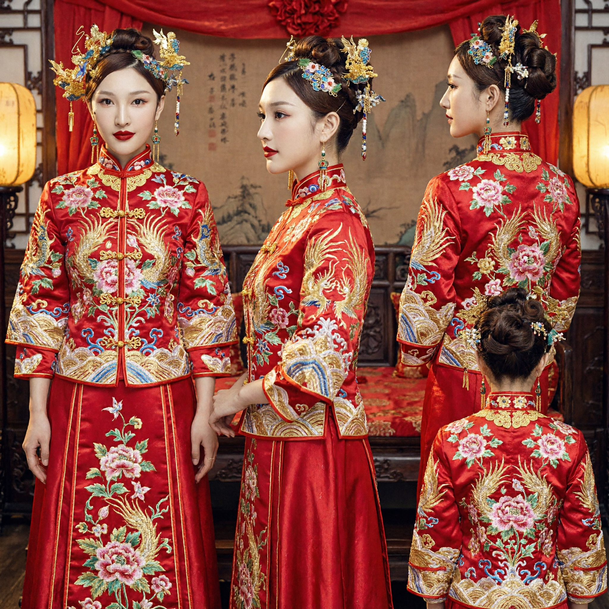 Traditional Chinese Wedding Hair Accessories Gold Phoenix Crown Blue Kingfisher Hairpins for Bride Hanfu Qipao - Asian Costume