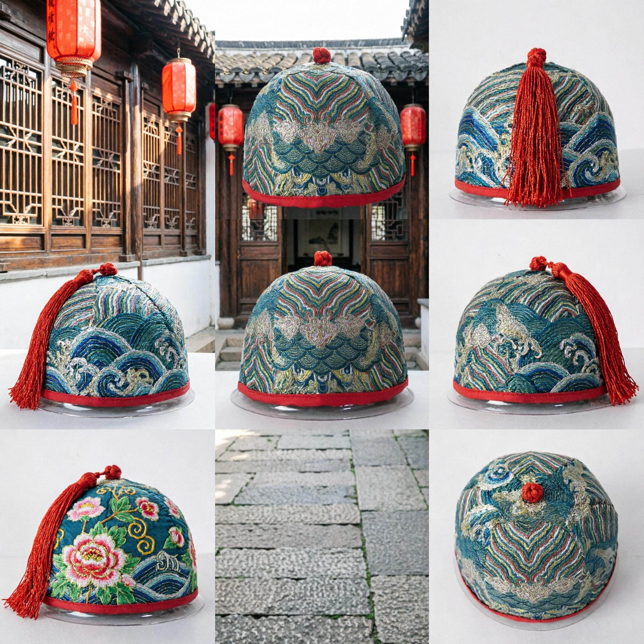 伝統中国緑色錦織瓜皮帽 - 精巧な刺繍付き古代官吏帽子（男性用歴史衣装） - Asian Costume