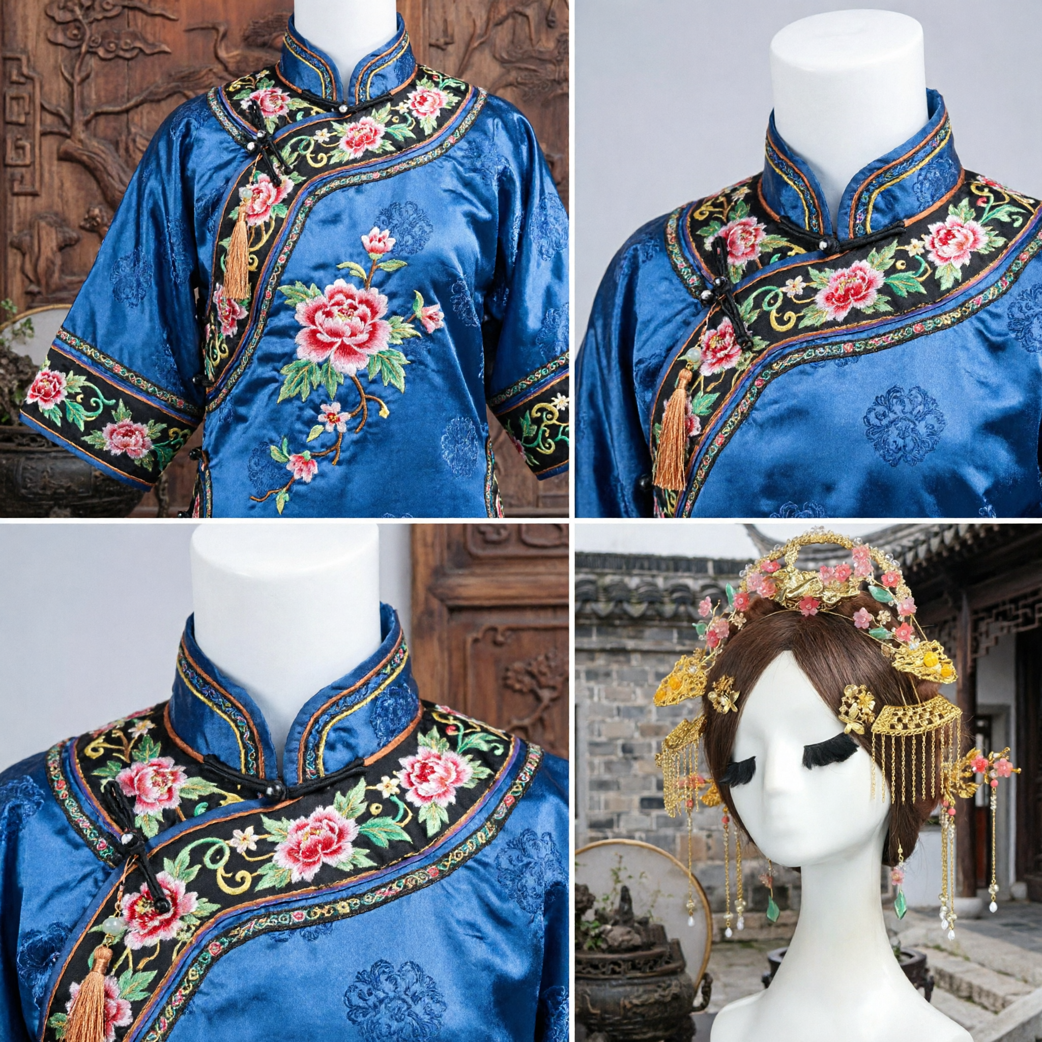 Conjunto de Acessórios de Cabelo Hanfu Chinês Tradicional Coroa de Fênix Dourada com Borlas de Flores para Traje de Casamento Antigo - Asian Costume