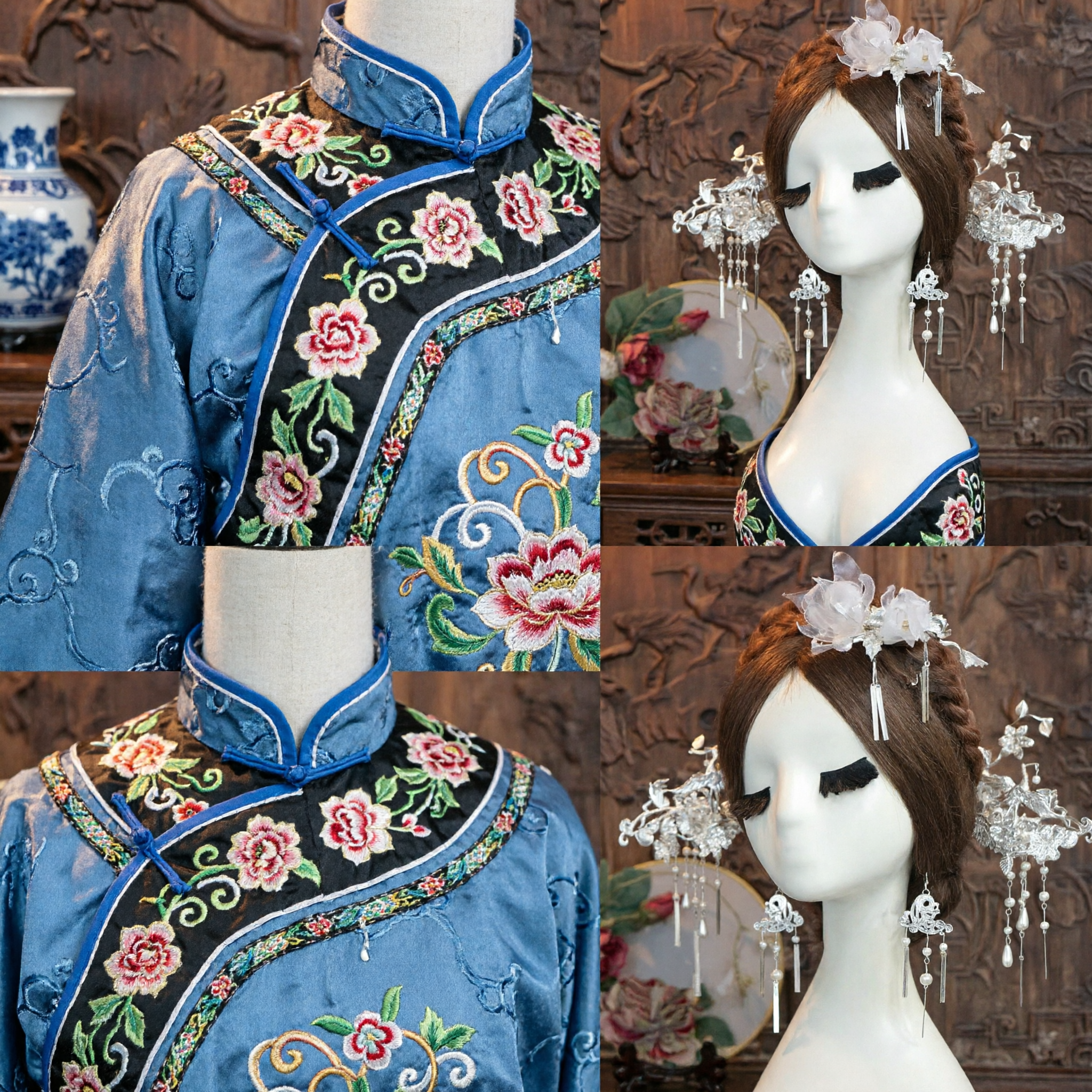 Traditional Chinese Hanfu Hair Accessories Silver Floral Headdress Set with Tassels for Women Bridal Wedding - Asian Costume