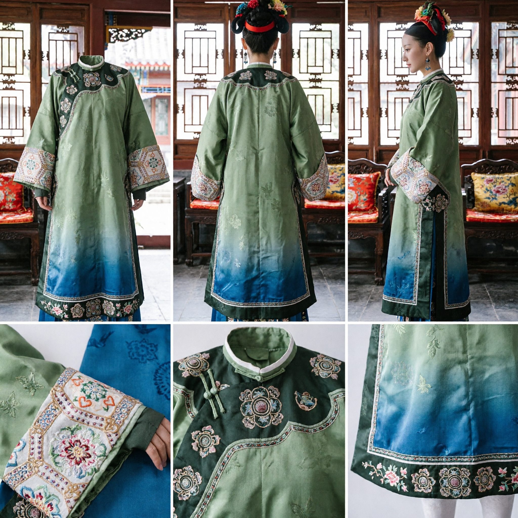 Traditional Chinese Qing Dynasty Palace Lady Green Robe Ancient Manchu Embroidered Costume for Women Cosplay - Asian Costume