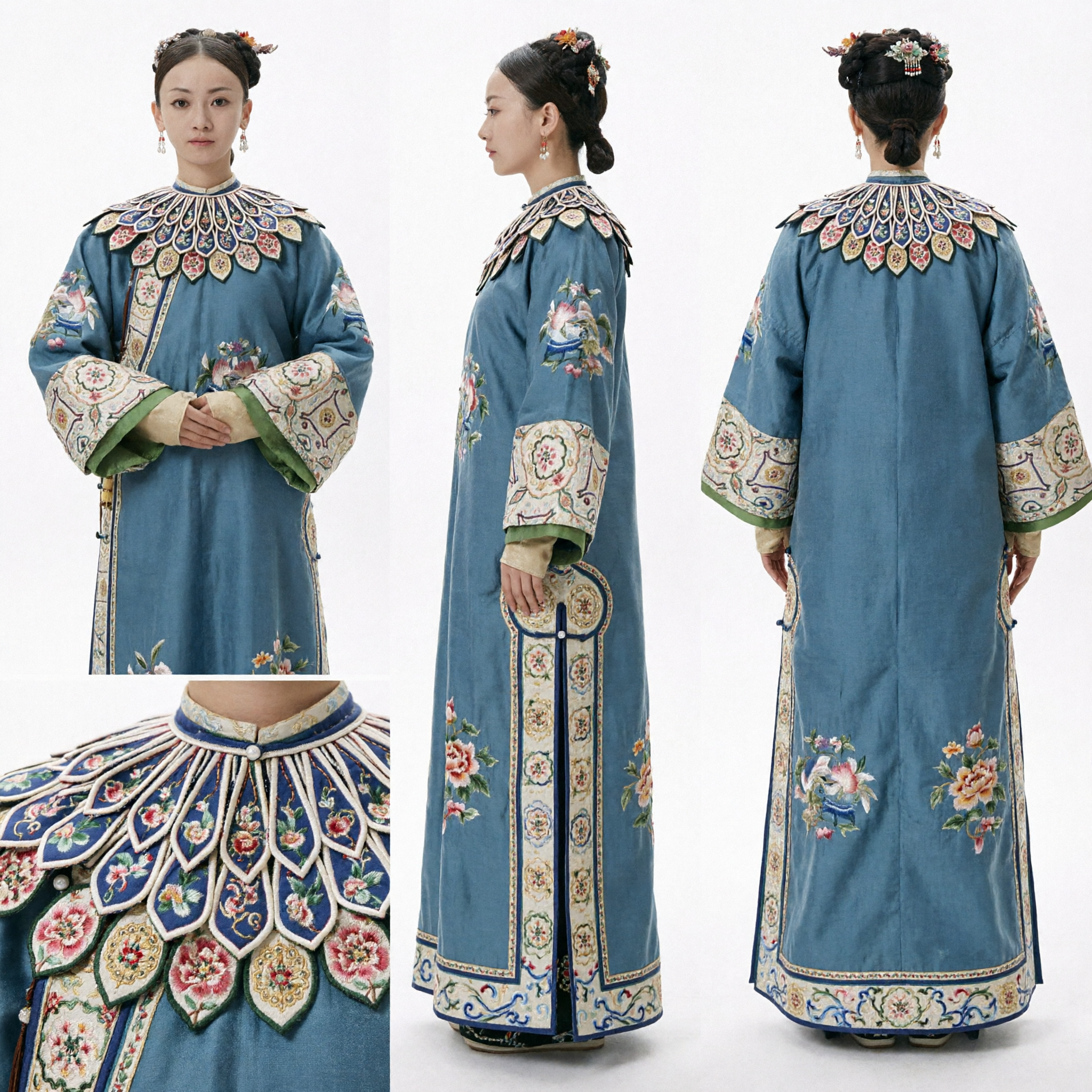 전통 중국 청나라 만주 공주 푸른색 로브 자수 구름 어깨 장식 궁궐 의상 여성용 - Asian Costume