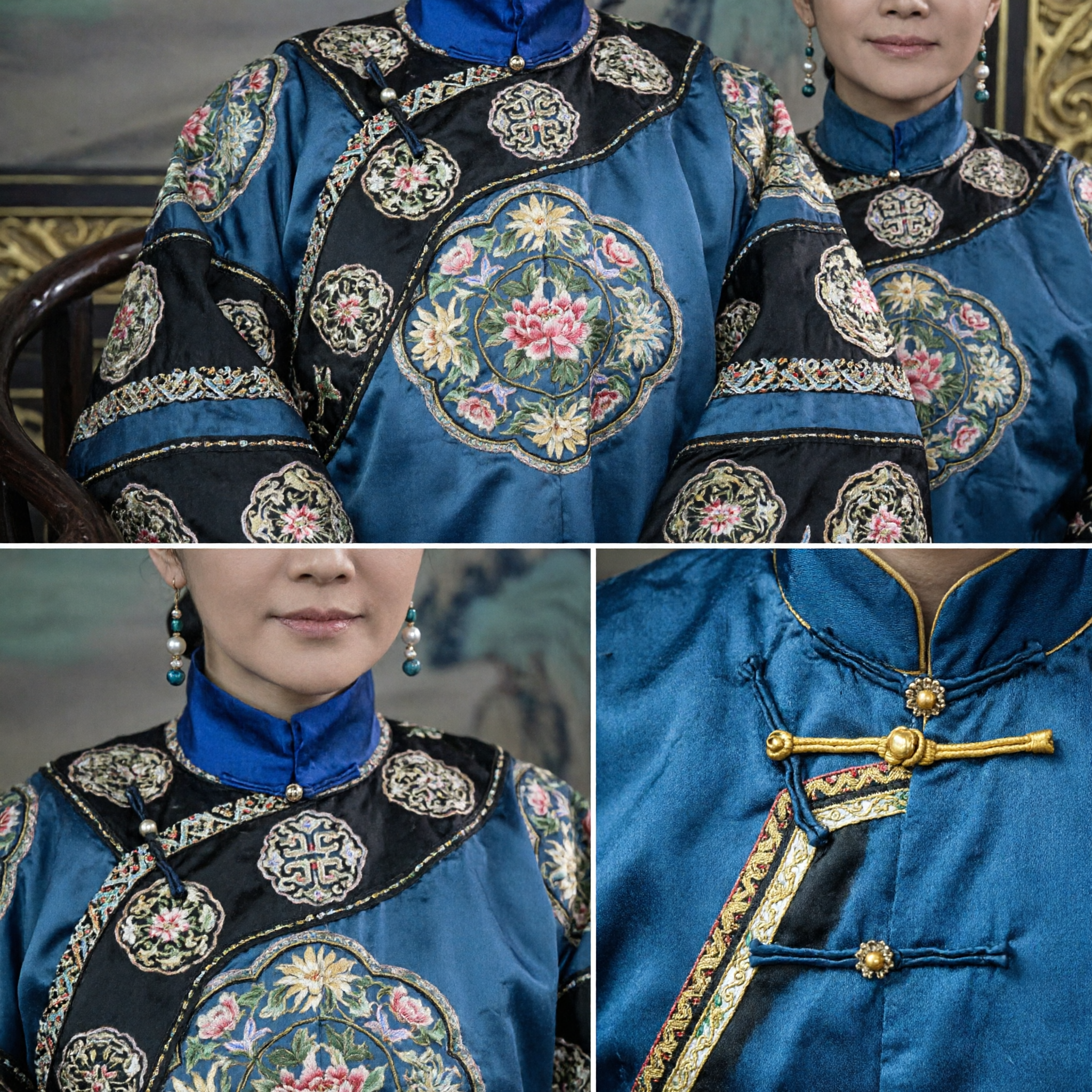 Chiński tradycyjny strój cesarzowej mandżurskiej z dynastii Qing, niebieski haftowany płaszcz pałacowy z nakryciem głowy dla kobiet do historycznego cosplayu - Asian Costume