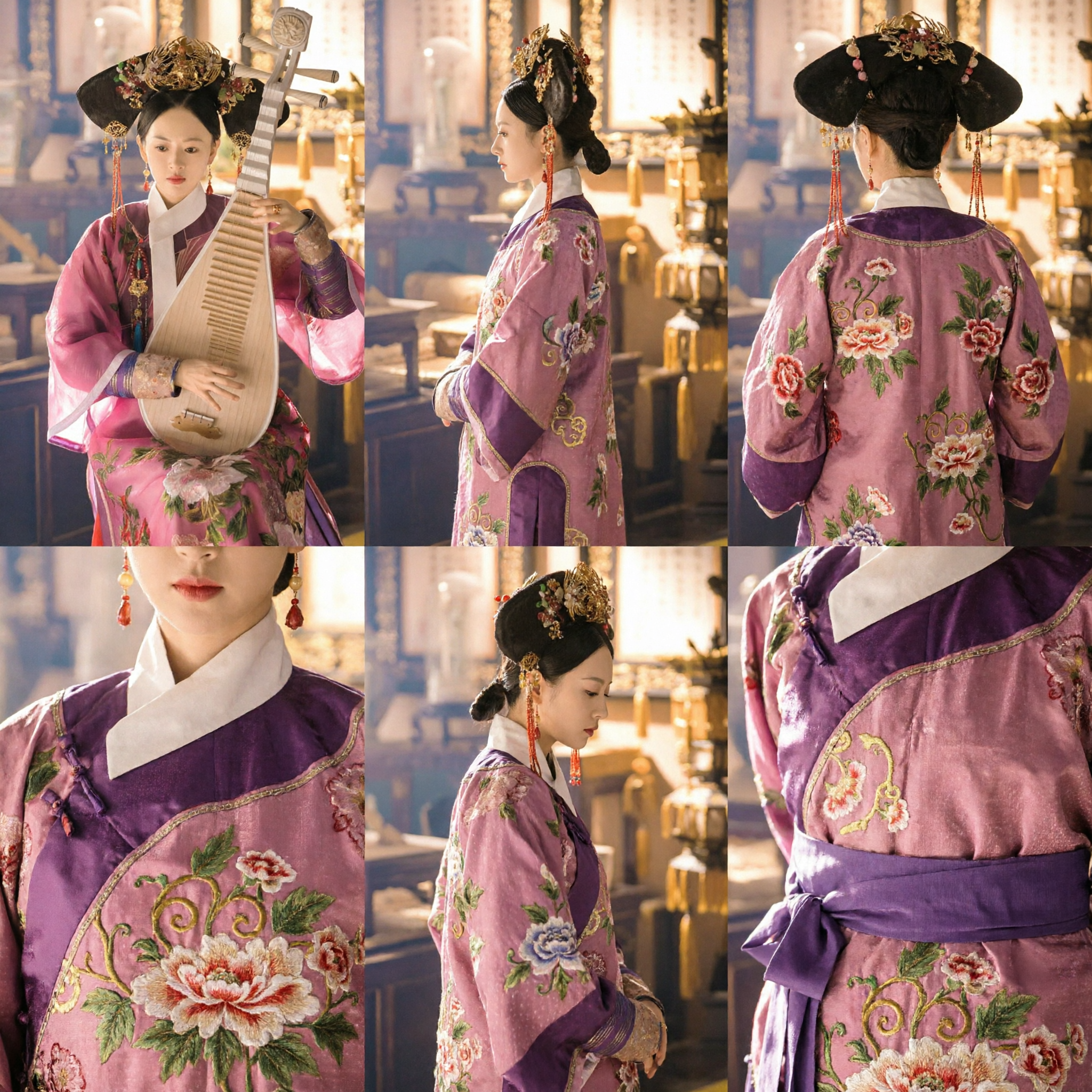 Traditionelles chinesisches Qing-Dynastie Prinzessinnen-Kostüm, rosa bestickter Manchu-Robe mit Kopfschmuck für Auftritte - Asian Costume
