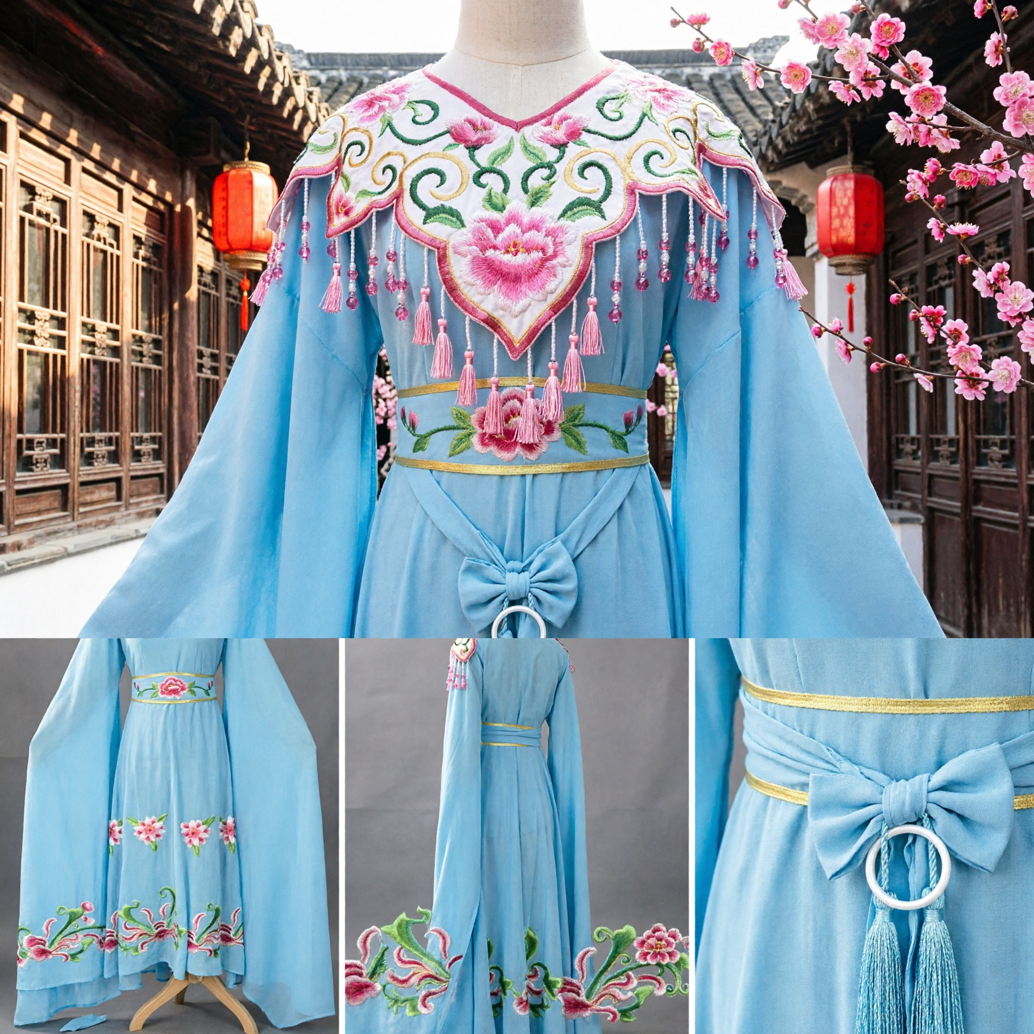 Costume traditionnel de l'Opéra de Pékin bleu - Robe brodée de générale pour femmes - Pour performances scéniques - Asian Costume