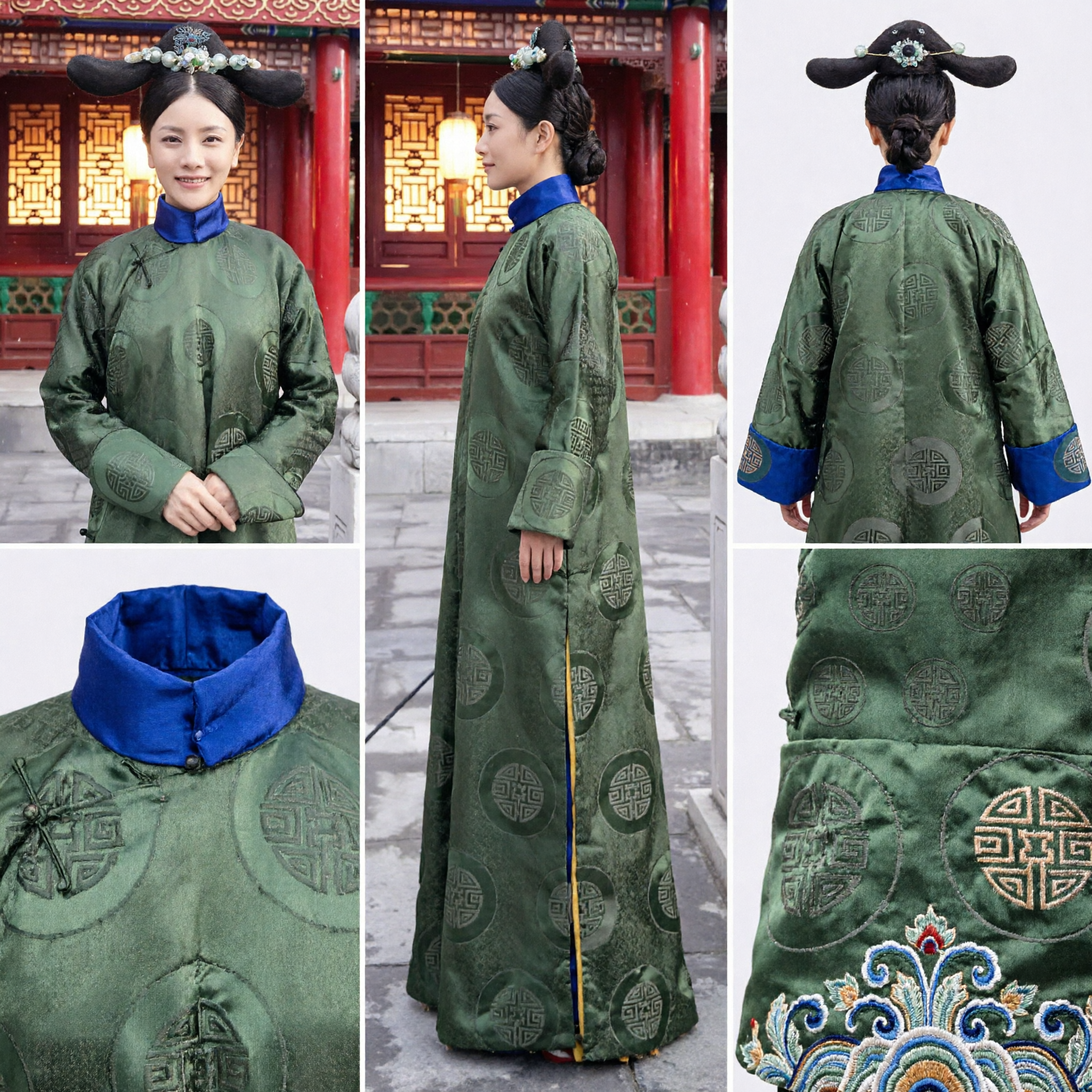 전통 중국 청나라 만주 공주 녹색 예복 진주 머리장식 여성 코스프레 - Asian Costume