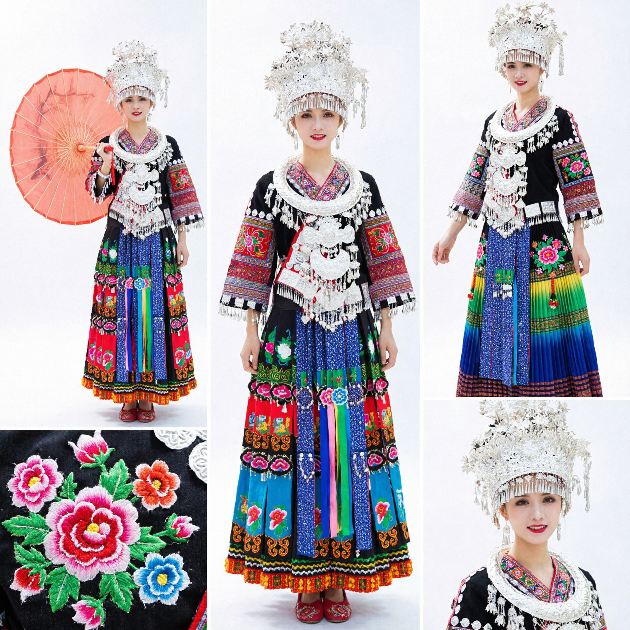 Traditional Chinese Miao Ethnic Costume Women Embroidered Dress Silver Headdress Folk Dance Stage Performance Outfit - Asian Costume