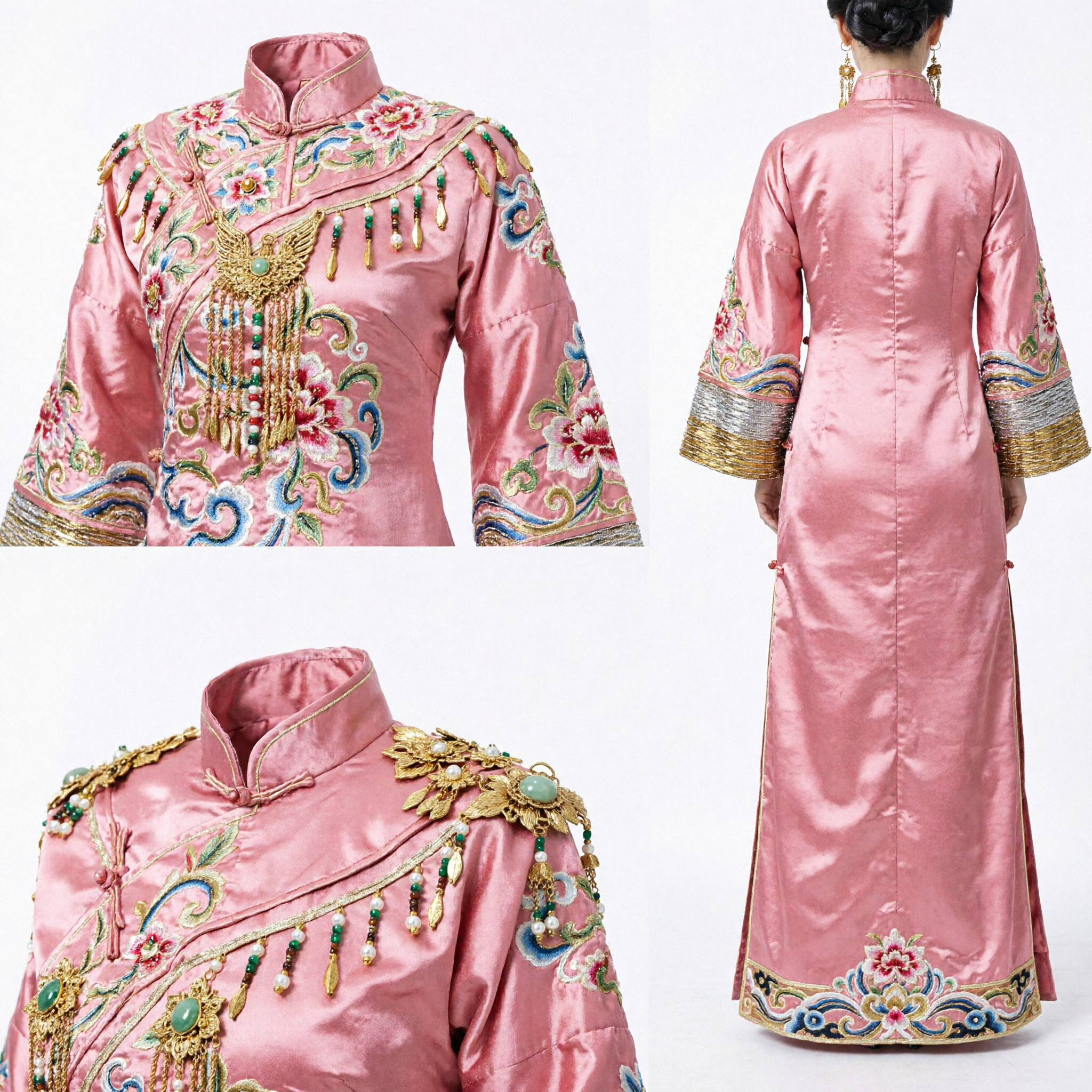 Ensemble d'épingle à cheveux dorée ancienne traditionnelle chinoise avec phénix, jade et perles pour mariée Hanfu - Asian Costume