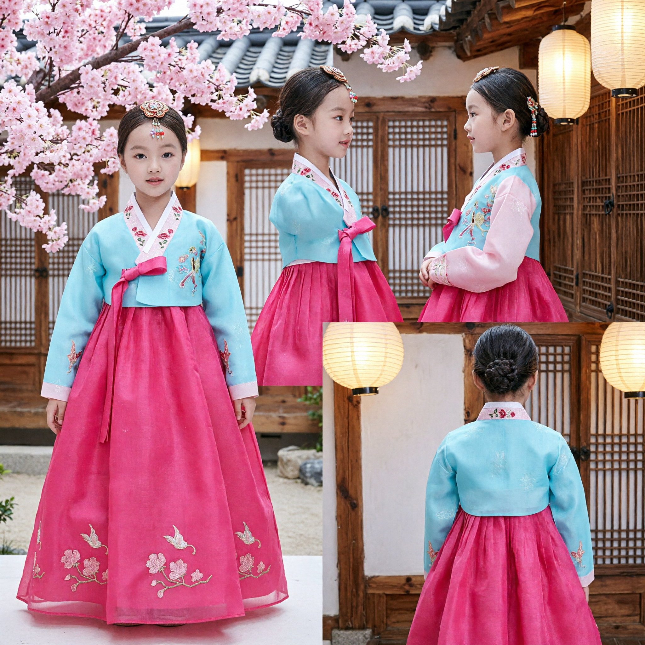 Vestido Hanbok coreano tradicional para niñas, disfraz con top azul bordado y falda rosa para fiestas - Asian Costume