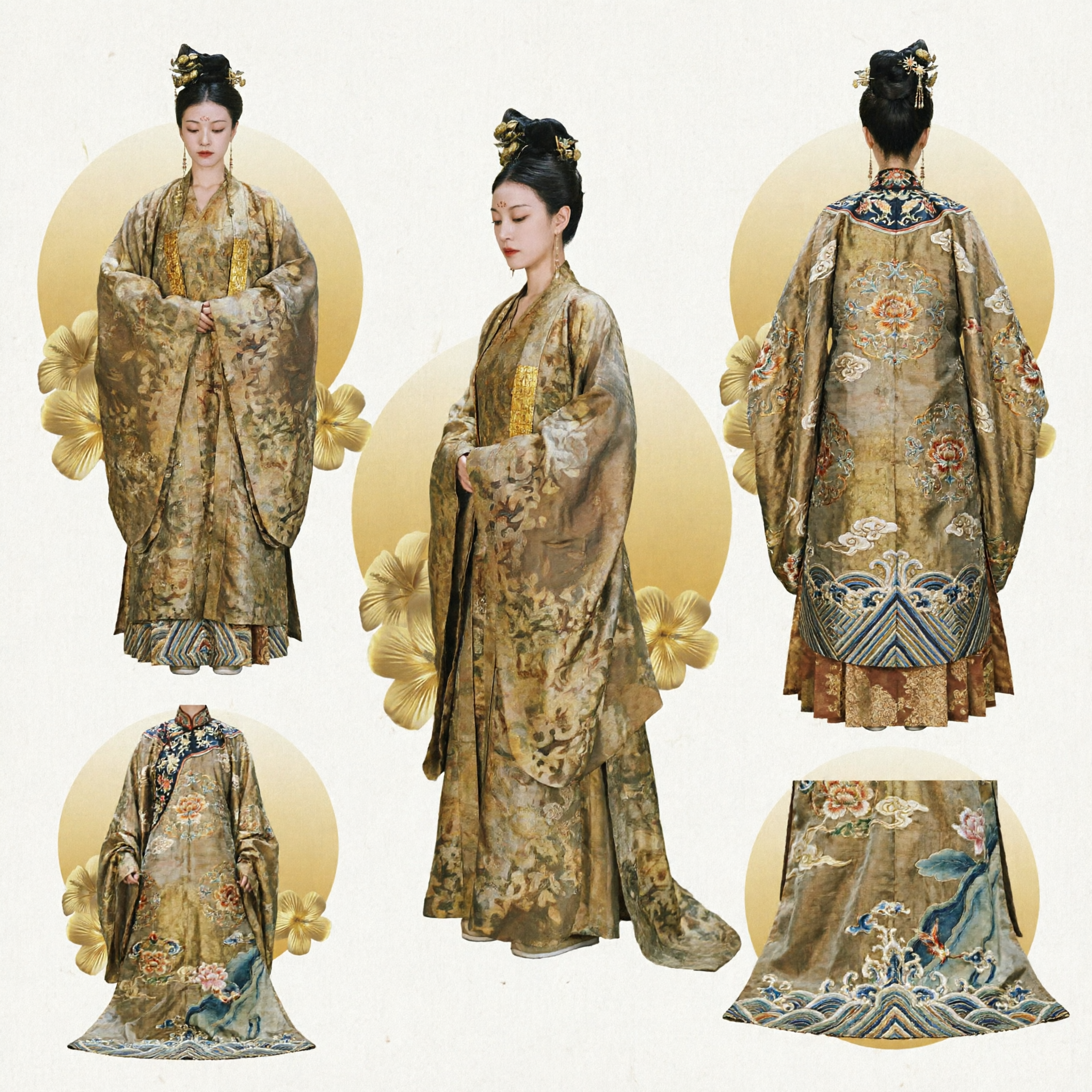 고대 중국 당나라 궁녀 한푸 의상 전통 금색 꽃무늬 비단 로브 (여성용) - Asian Costume