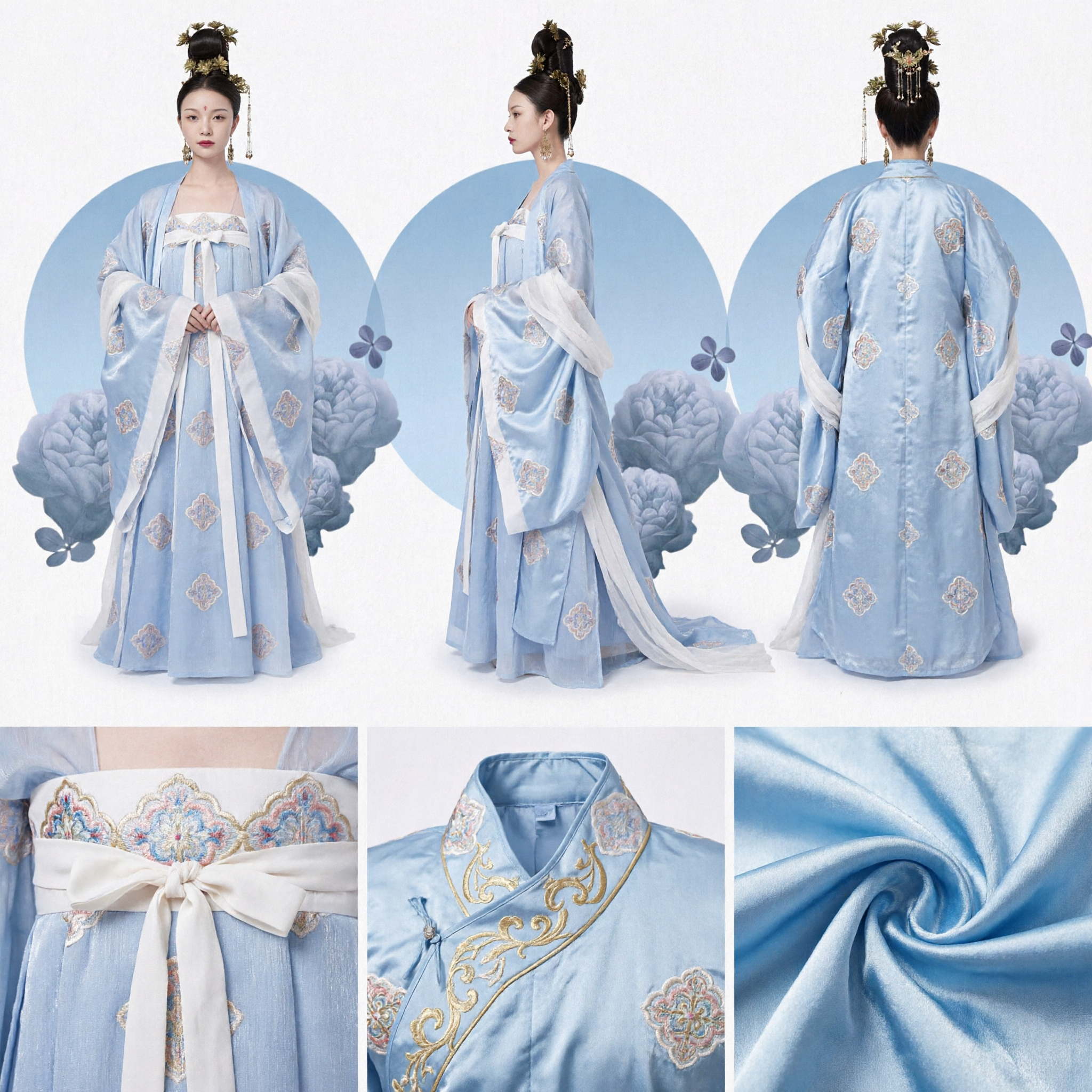 Elegancki niebieski kostuum Hanfu z dynastii Tang, tradycyjna starożytna haftowana suknia chińska dla kobiet na występy - Asian Costume