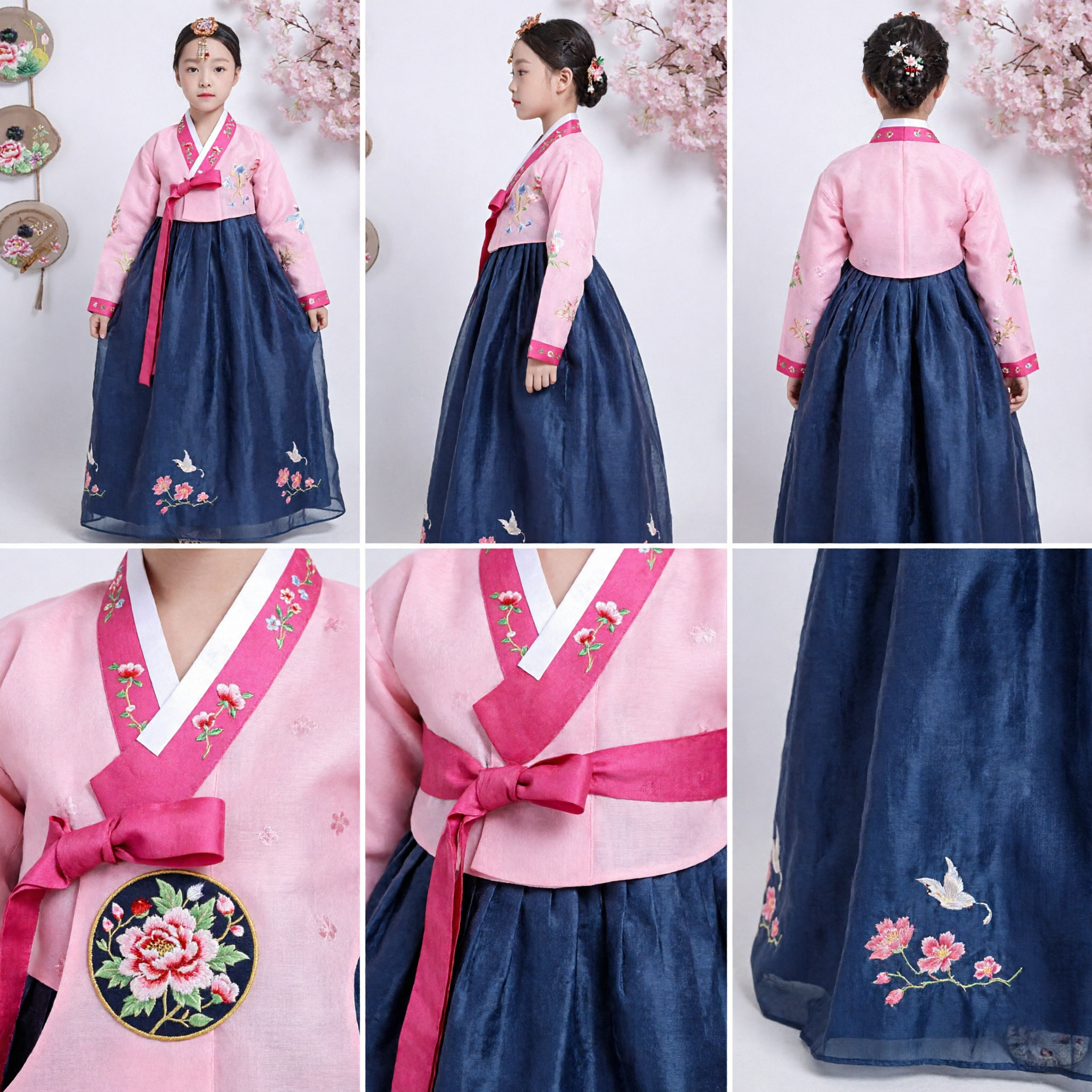 ピンク色と青色韓国韓服女の子子供用伝統的ドレス刺繍チュソク祝日衣装 - Asian Costume